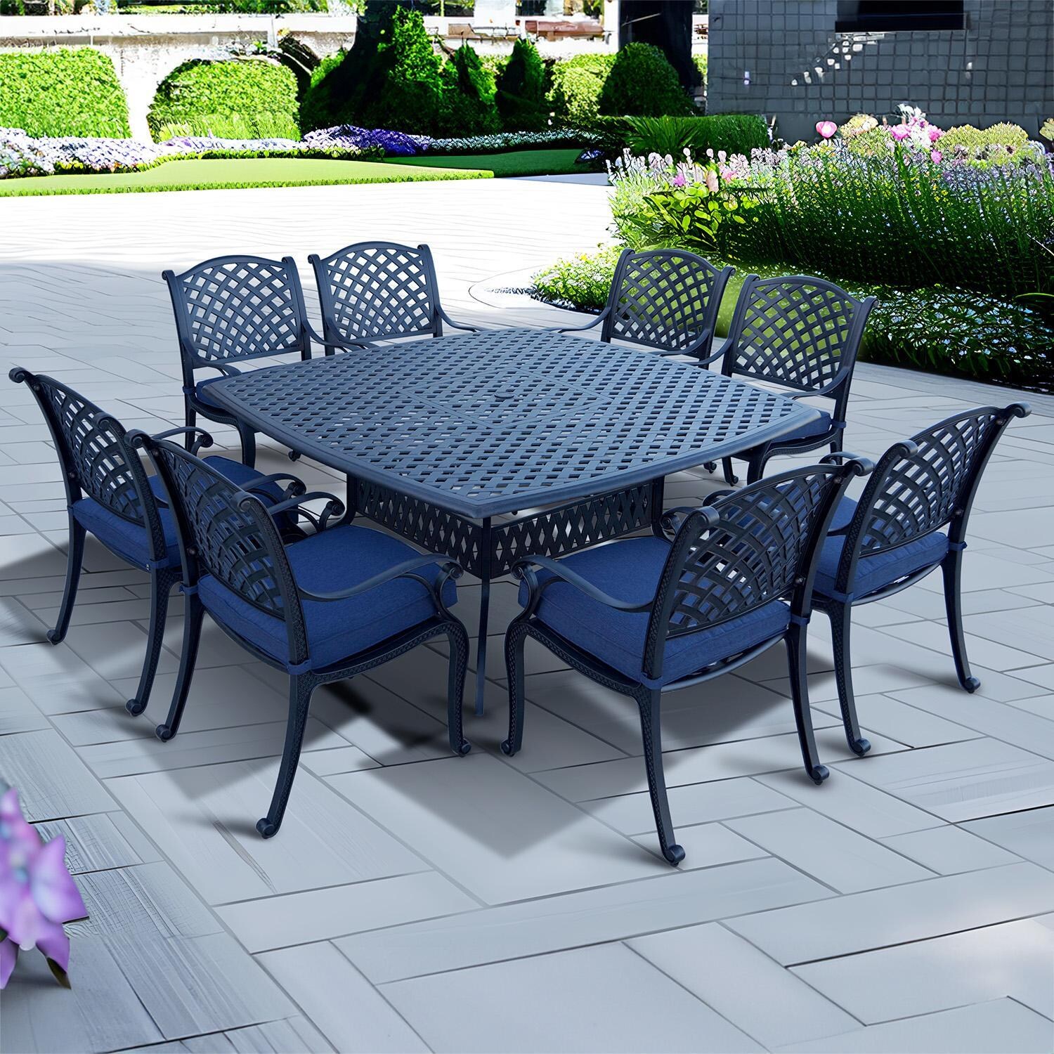 Nassau 9 Pc Cast Aluminum Dining Set w/ 64 Inch Square Series 30 Table in Antique Bronze/Navy by Darlee