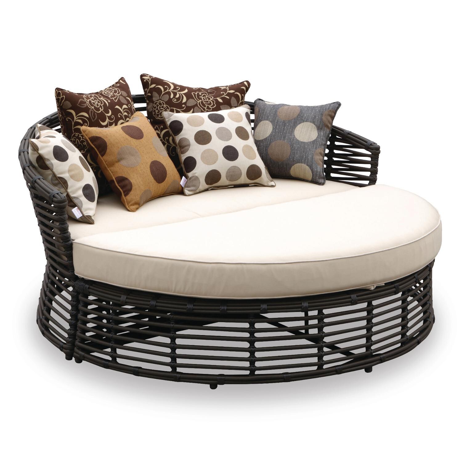 Sunset West Venice 61-Inch Round Resin Wicker Patio Daybed W/ Sunbrella Canvas Antique Beige Self Welt Cushions image