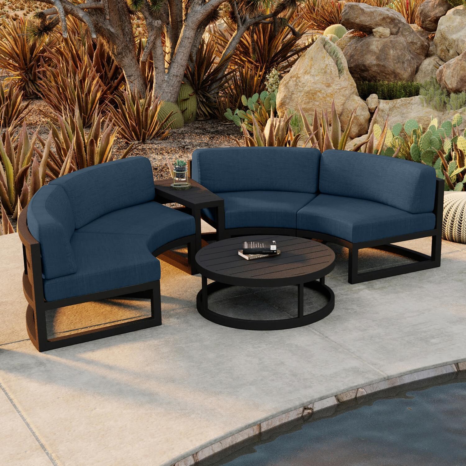Lakeview MSTYCV-BK-4CSEC-IN Misty Cove 4 Pc Aluminum Curve Sectional Set in Black w/Coffee TableCurve Sectional Set - Black - Spectrum Indigo - Set by the Pool From Above - Lifestyle thumbnail