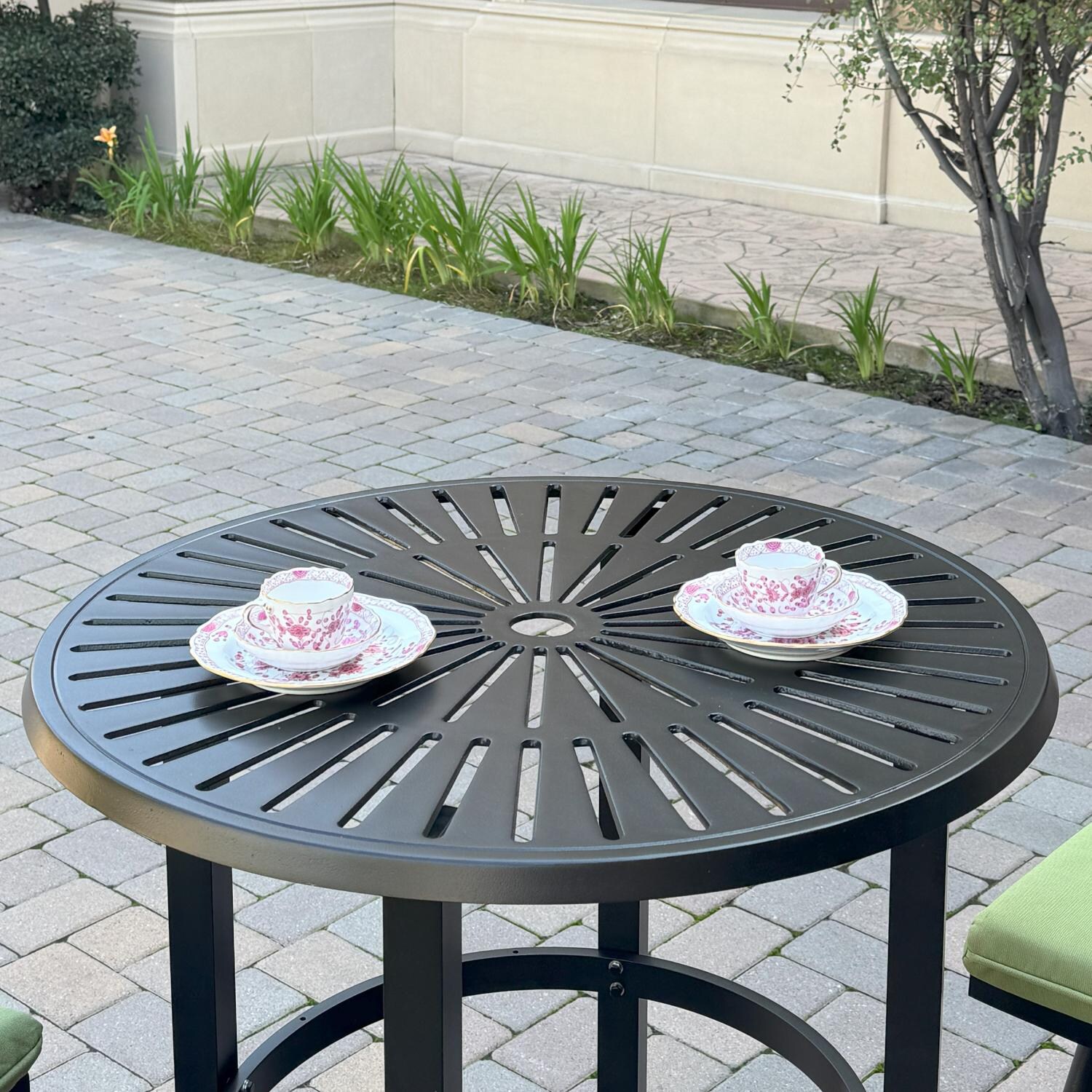 Bella Aluminum 3 Pc Patio Bar Set w/ 30-in Round Bar Table in Green by Darlee - Bar Table - Lifestyle thumbnail