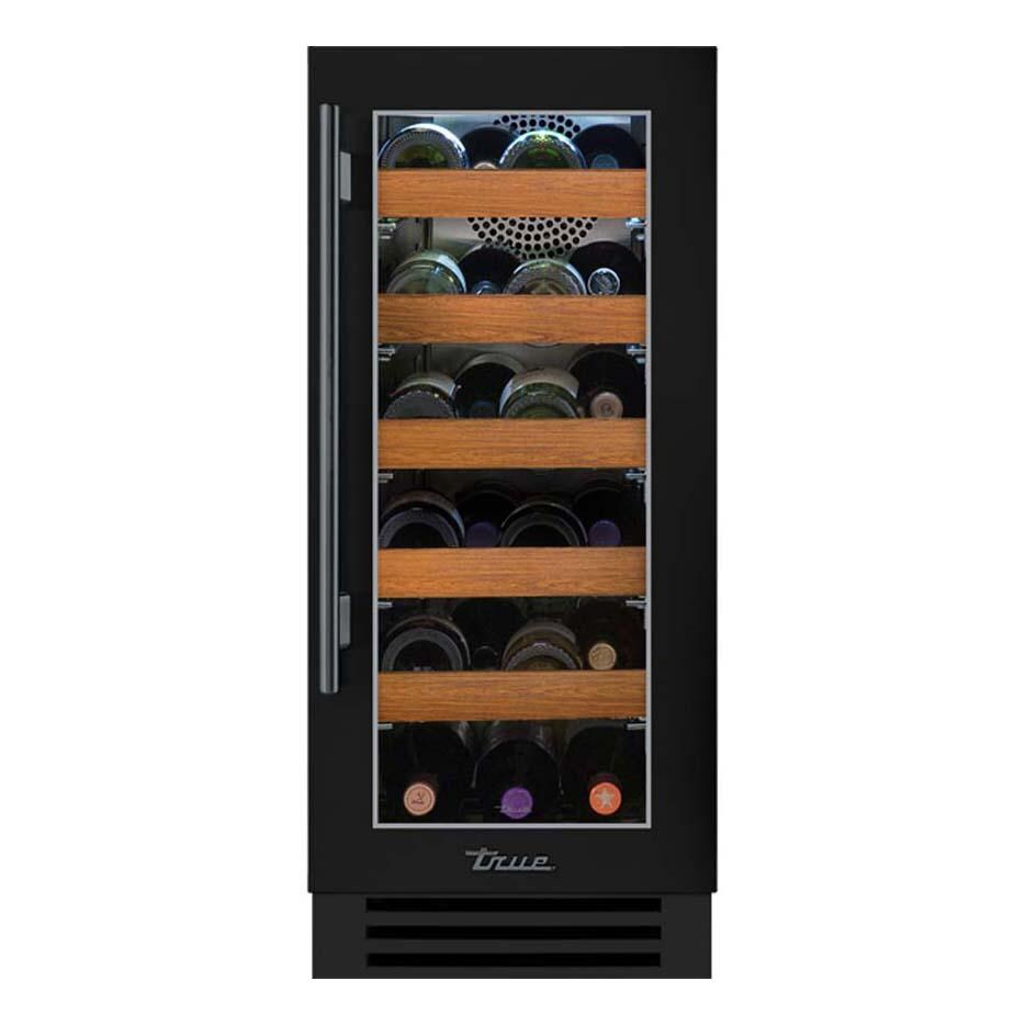 True TWC-15-R-OG-C~DSK-027-H05 15 Inch 23 Bottle Right Hinge Glass Door Outdoor Wine Cabinet - Matte Black w/ Pewter Handle - White Background thumbnail
