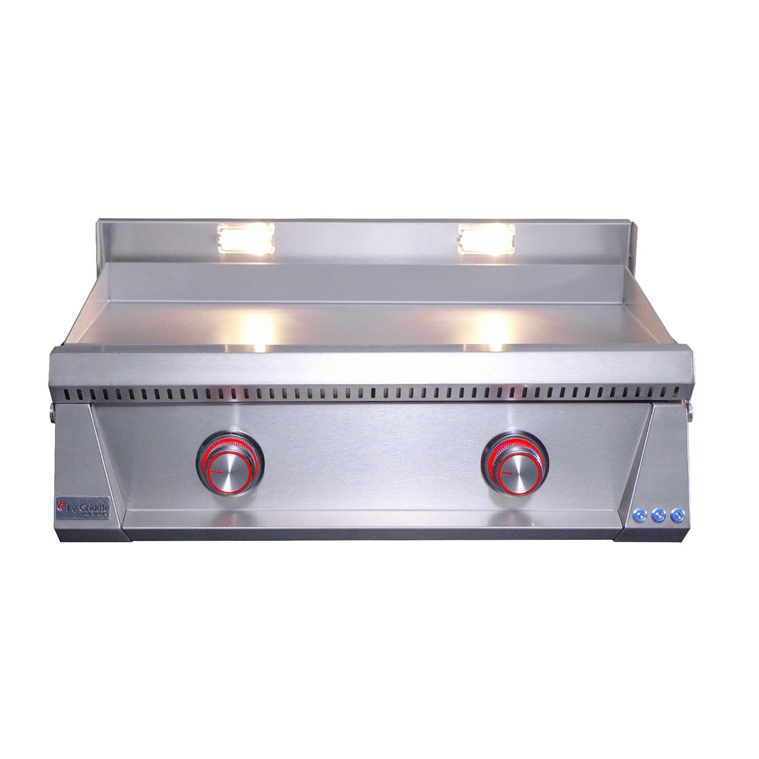 Le Griddle OML75P3 LP Pro Series 75 2 Burner Built-In Propane Flat Top Grill w/ 3mm Plate - Red LED Knobs Indicates Control Valve ON - White Background thumbnail