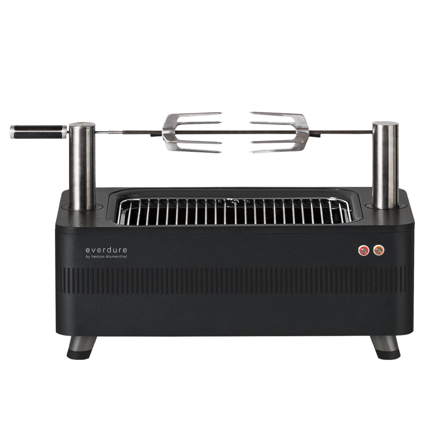 Everdure HBCE1BBSUS FUSION 29-Inch Charcoal Grill w/ Rotisserie & Electronic Ignition - Matte Black - Set Up for Portable Use - White Background thumbnail
