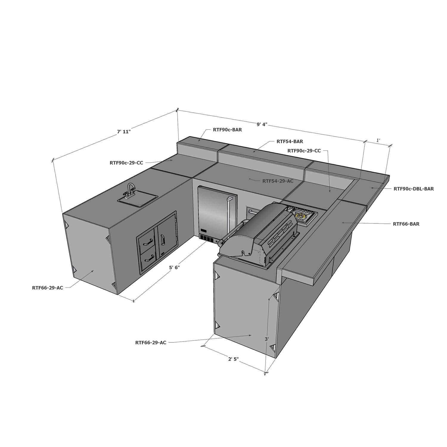 Universal 8 ft X 9.5 ft X 8 ft Ready To Finish U-Shaped Outdoor Kitchen System Appliance and Storage Cabinets W/Bars On 2 Full Sides - W/Appliances Back - Dimensional thumbnail