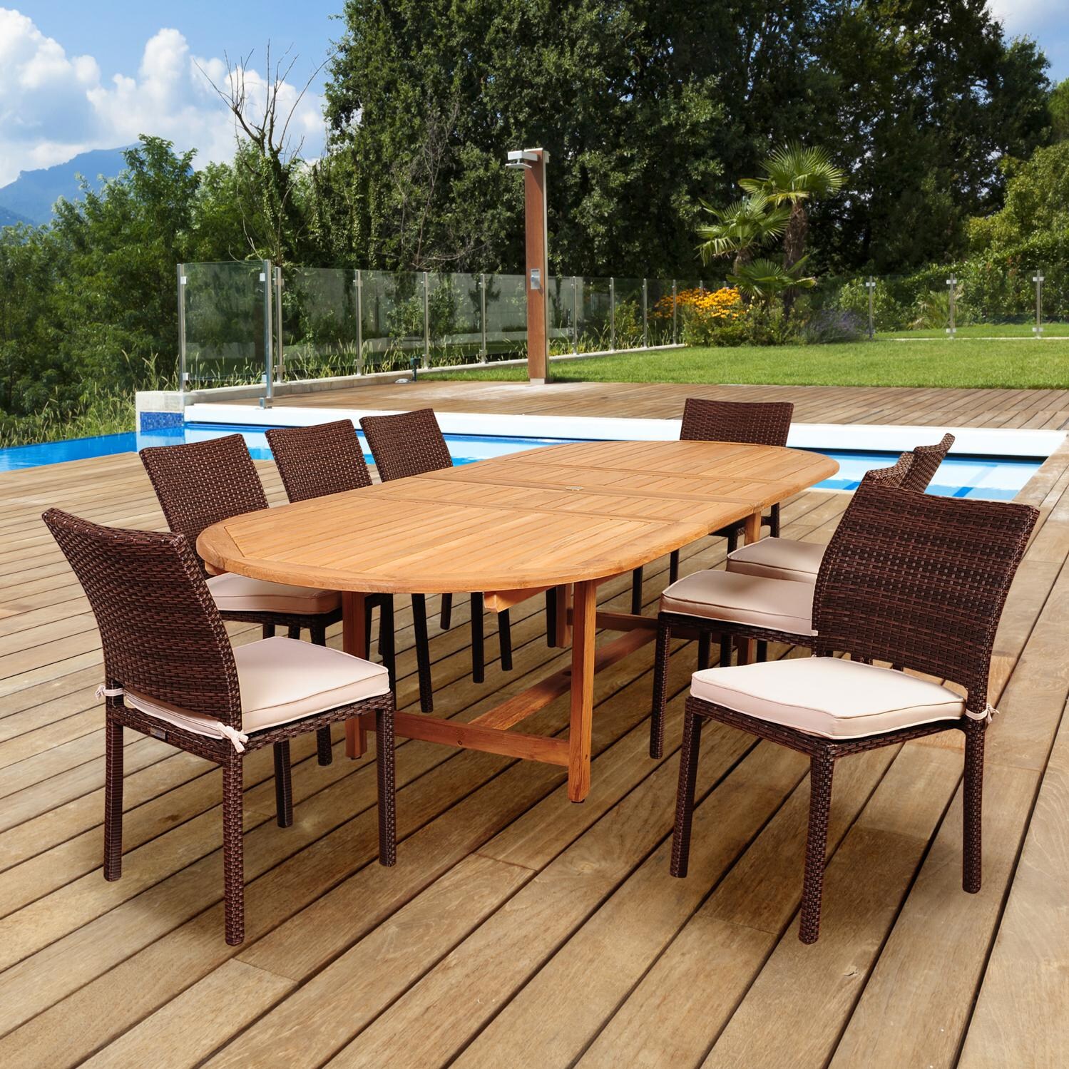 Noah 9 Piece Resin Wicker Patio Dining Set With 87 X 47 Inch Oval Teak Extension Table By Amazonia image