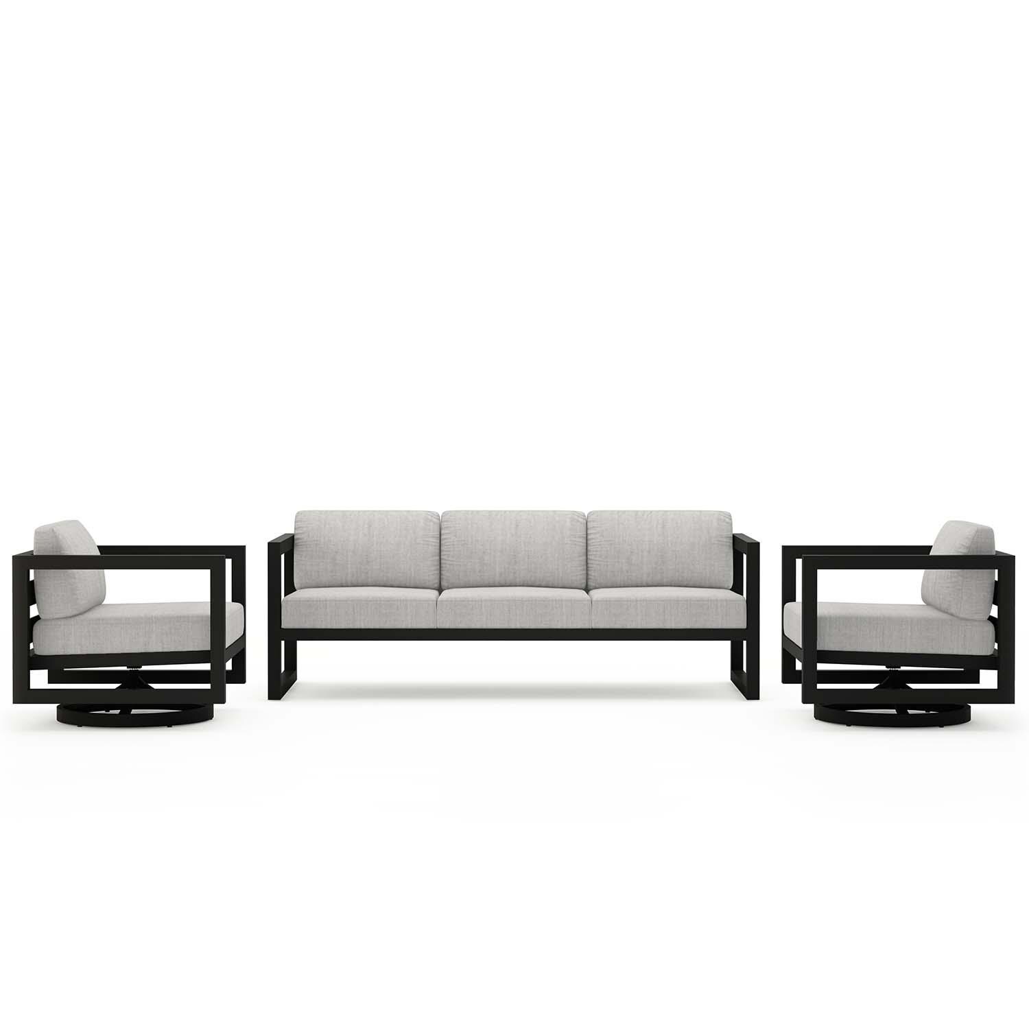 Misty Cove 3 Pc Aluminum Sofa Seating Set w/ Swivel Chairs in Black/Cast Silver by Lakeview Outdoor Designs - White Background thumbnail
