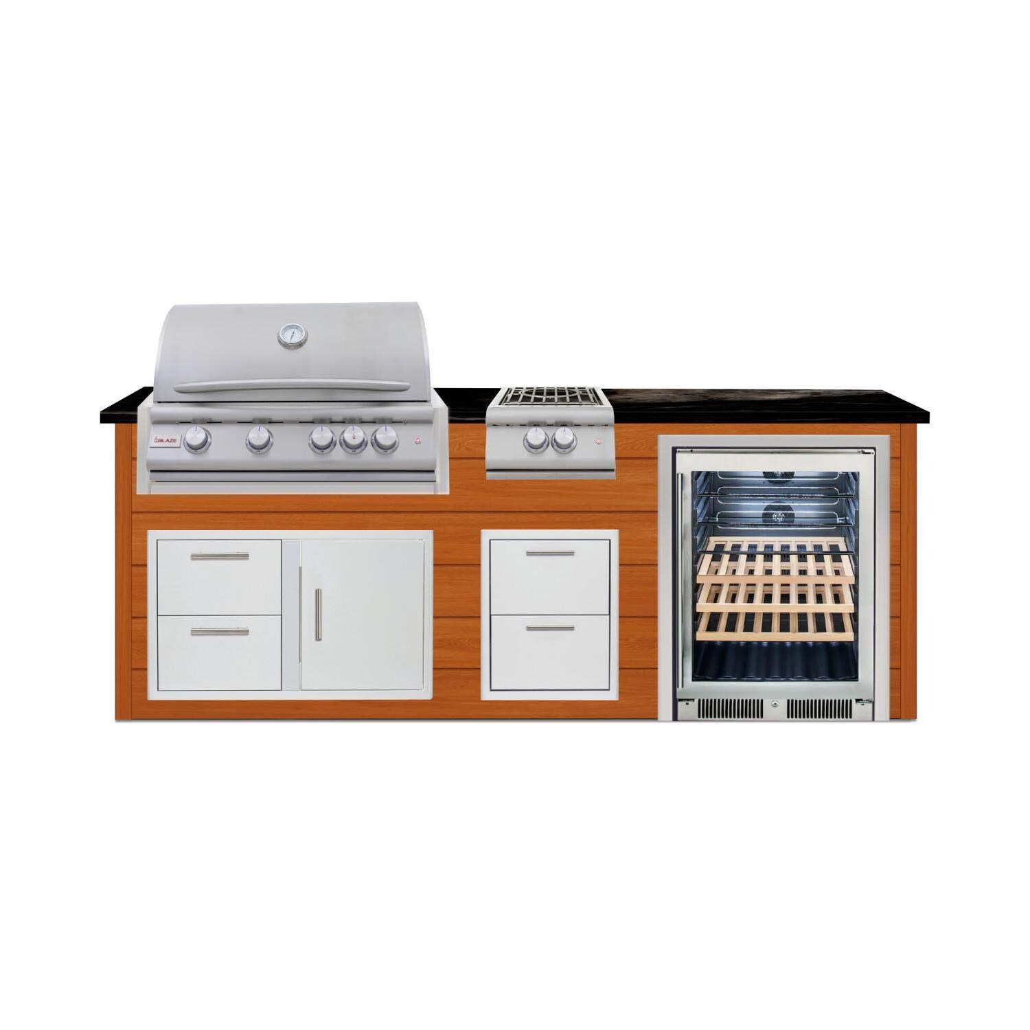 BBQGuys Signature 8 Ft Outdoor Kitchen Island w/ 32 Inch Natural Gas Blaze LTE+ Grill Power Burner & Beverage Center | Chai Cedar w/ Nero Mist Granite