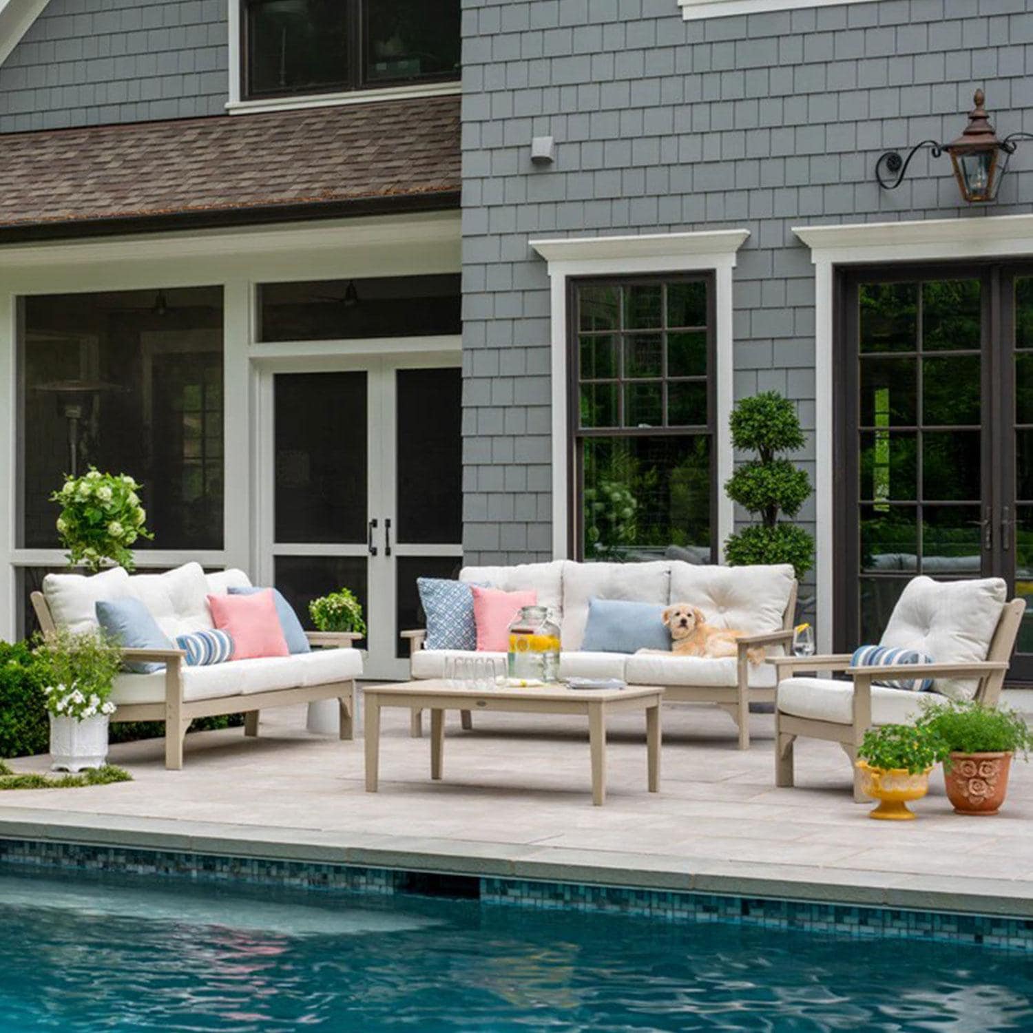 POLYWOOD Vineyard Slate Grey & Natural Linen Deep Seating Sofa - By The Pool - Shown in Vintage Sahara/Natural Linen finish - Lifestyle thumbnail