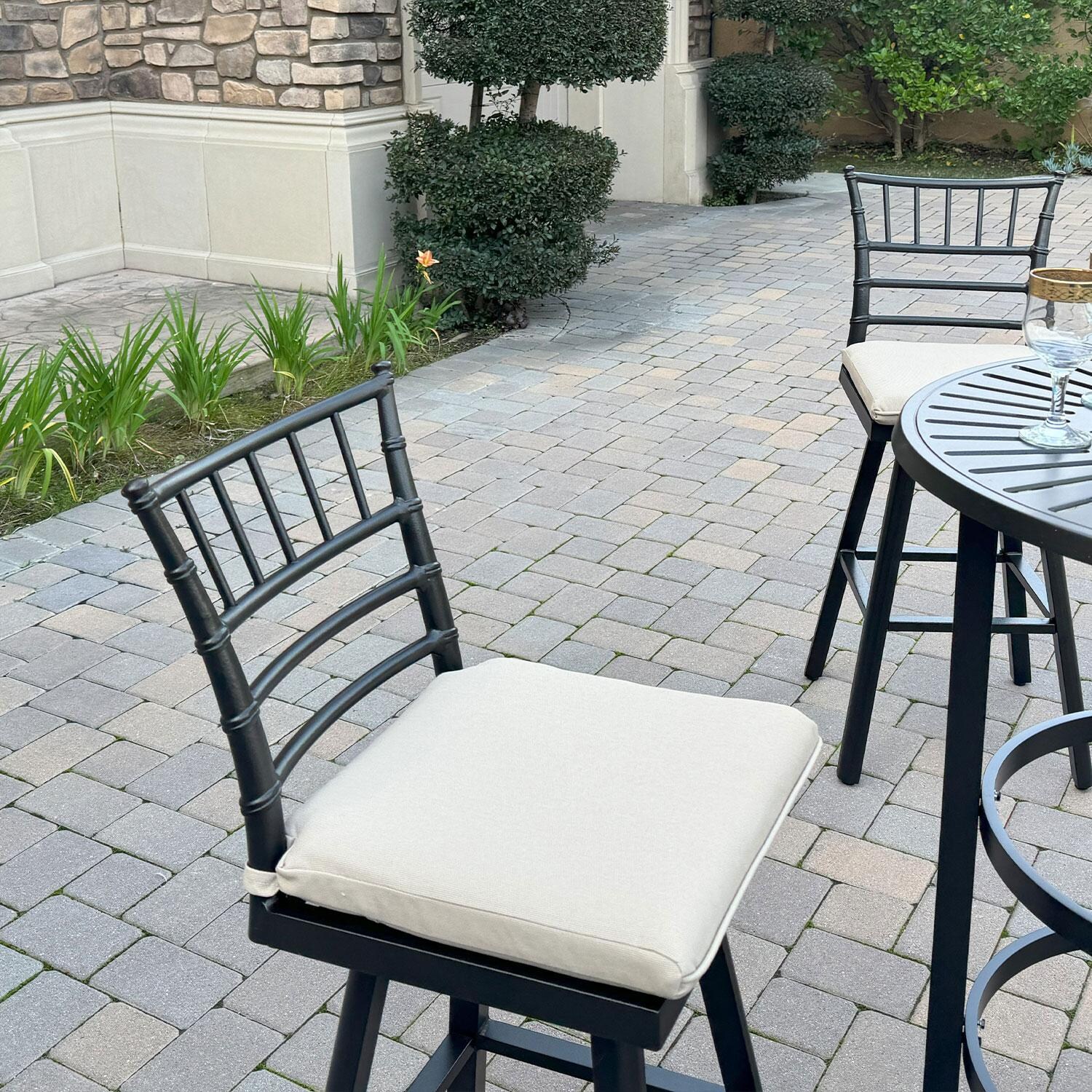 Bella Aluminum 3 Pc Patio Bar Set w/ 30-in Round Counter Height Bar Table in Beige by Darlee - Bar Stool from Underneath Bar Table - Lifestyle thumbnail