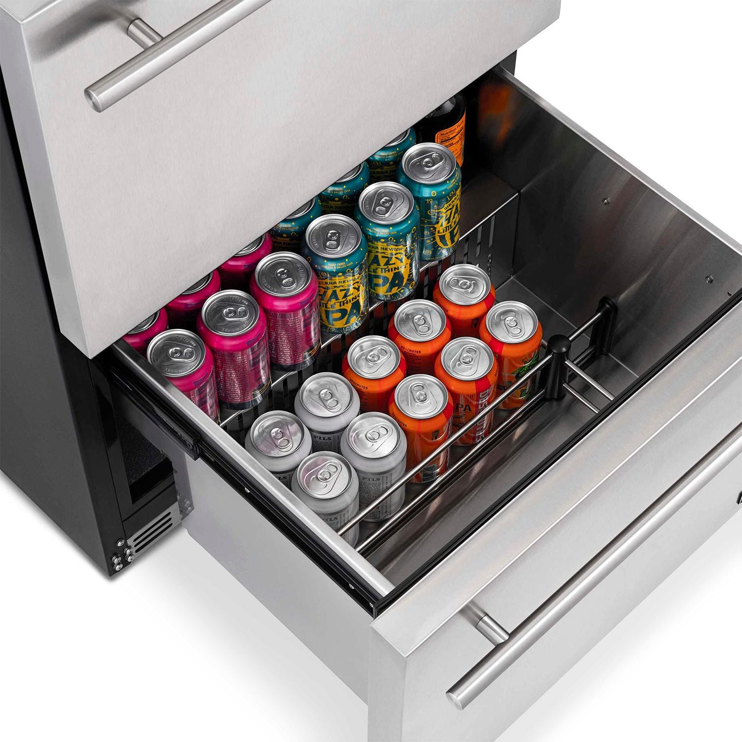 Newair NOF100SS00 24-Inch Built-in 20 Bottle & 80 Can Dual Drawer Wine & Beverage Fridge - Divider in Use thumbnail