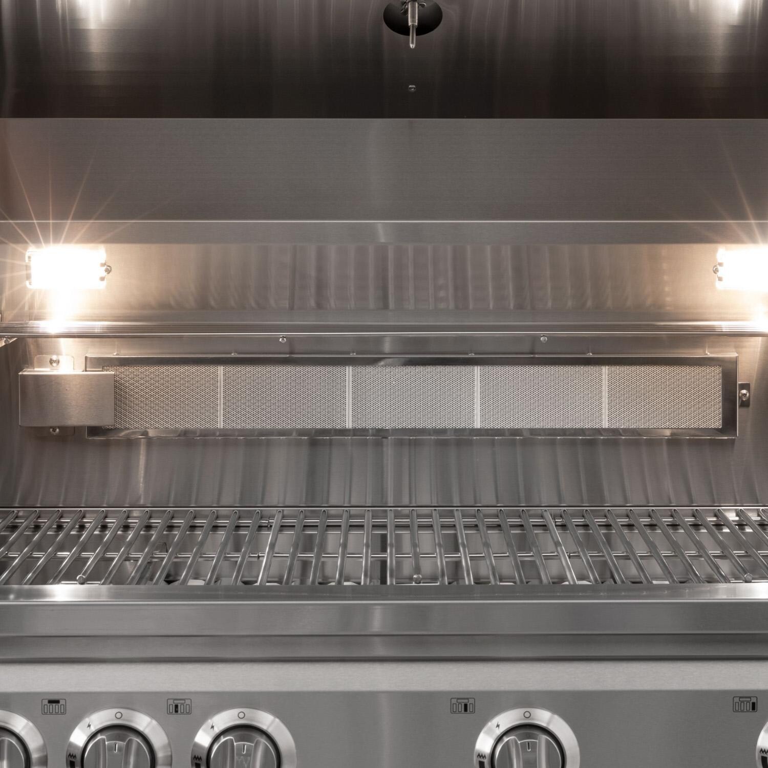 NewAge Products 67902 Classic Series 10 1/2 Ft Outdoor Kitchen Island w/ 36-in Natural Gas Grill, Refrigerator, Trash Bin, Door & Drawer in Grove/Stainless Steel - Rear Rotisserie Burner - Detail thumbnail