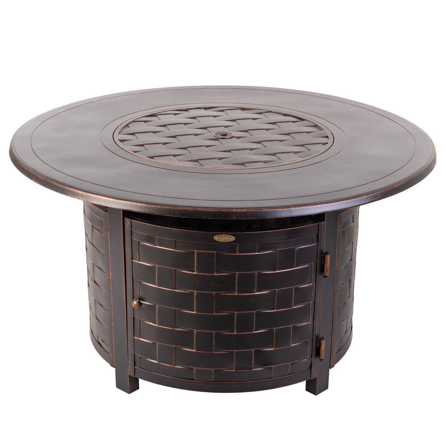 Ultimate Patio Magnolia Way 50,000 BTU Propane Round Fire Pit Table - Woven Cast Aluminum - Lid Closed - White Background thumbnail