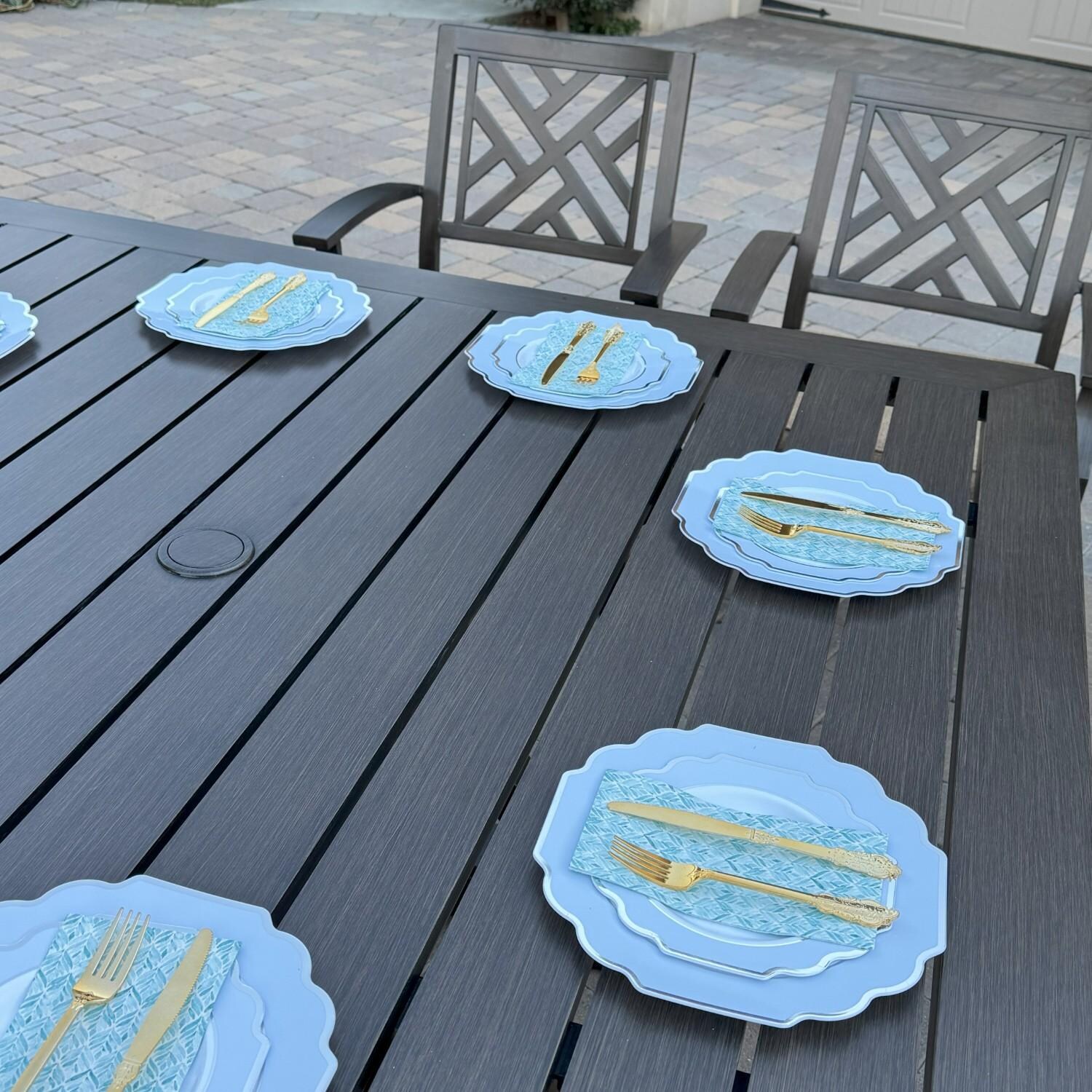 Brooklyn 9 Pc Aluminum Dining Set w/ 59 Inch Square Table in Sesame/Multi-brown by Darlee - Table Close Up - Lifestyle thumbnail