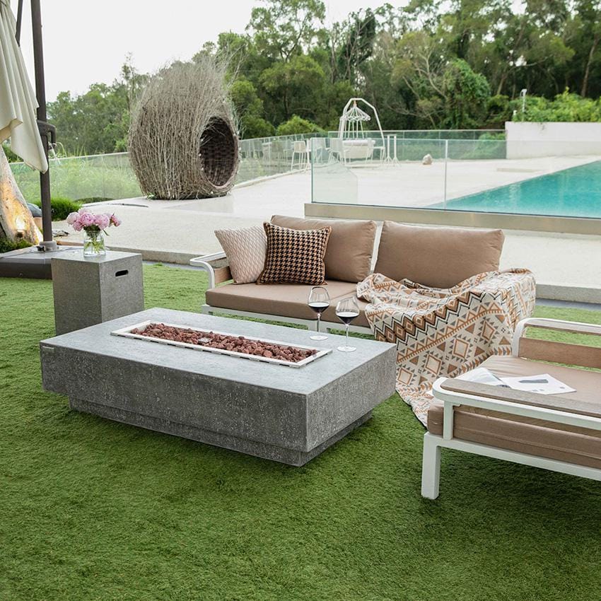 Hampton 56 Inch Rectangular Concrete Propane Fire Pit in Light Gray By Elementi