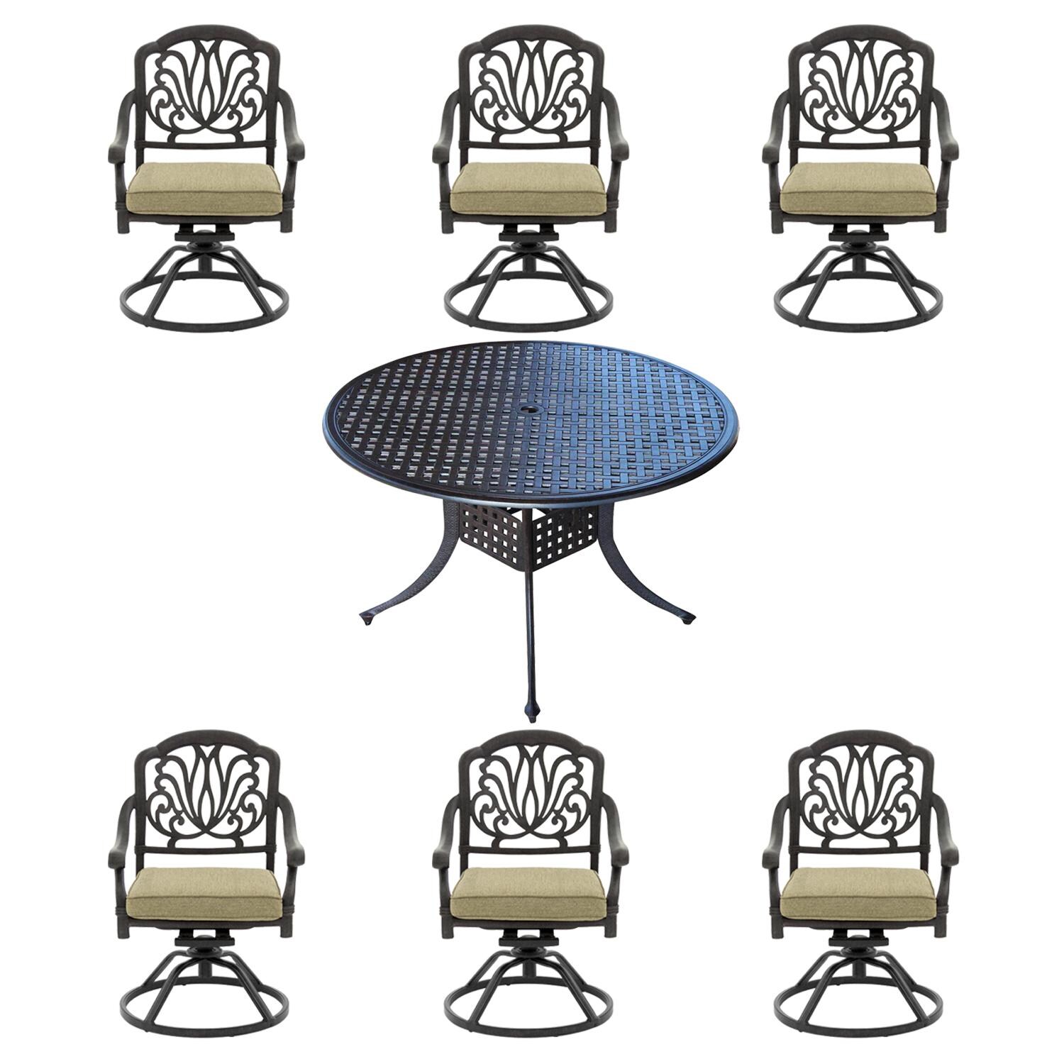 Rosedown 7 Piece Cast Aluminum Dining Set W/ 60-Inch Round Table, Swivel Rockers & Sunbrella Linen Sesame Cushions By Lakeview Outdoor Designs thumbnail