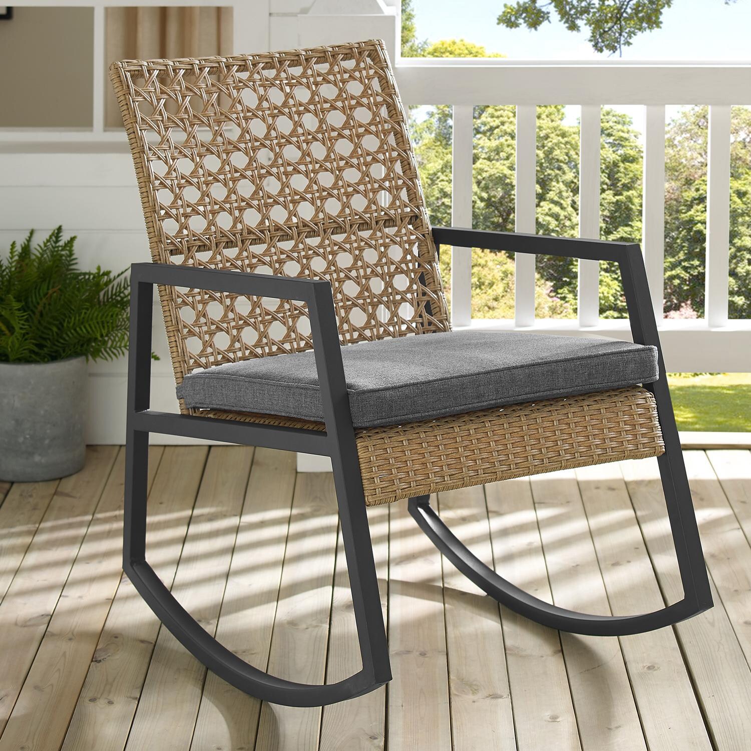 Walker Edison Liza Rattan & Steel Patio Rocking Chair W/ Grey Cushion - Brown image