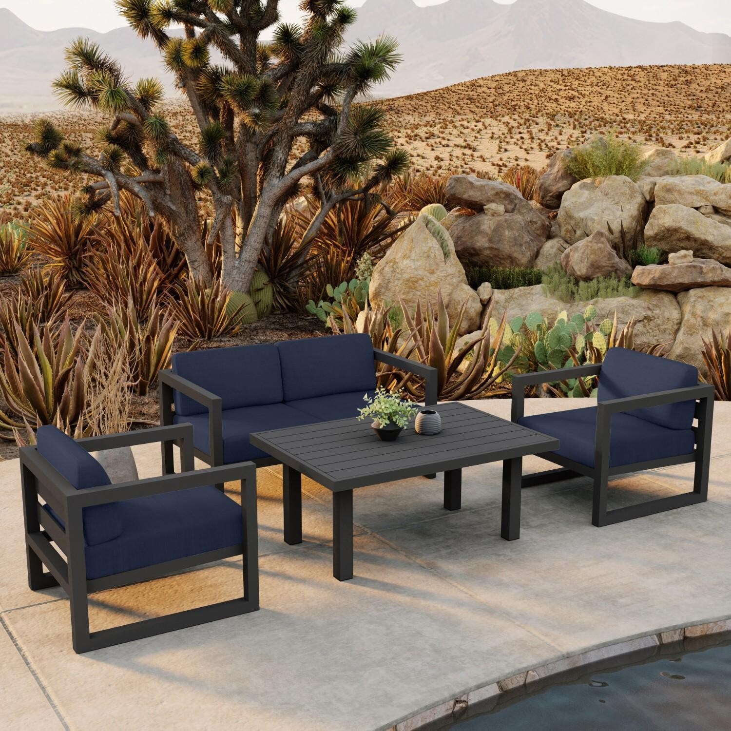 Lakeview MSTYCV-SL-SET114-IN Misty Cove 4 Pc Aluminum Seating Set in Slate w/Chat Table & Spectrum Indigo Cushions by Lakeview Outdoor Designs - By the Pool - Lifestyle thumbnail