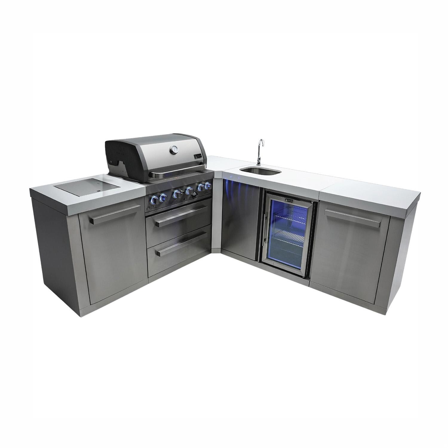 Mont Alpi Original Series 10 1/2 Ft L-Shaped Natural Gas Outdoor Kitchen Island w/ Side Burner & Beverage Center (Ships Propane w/ Conversion Kit) - Island - White Background thumbnail