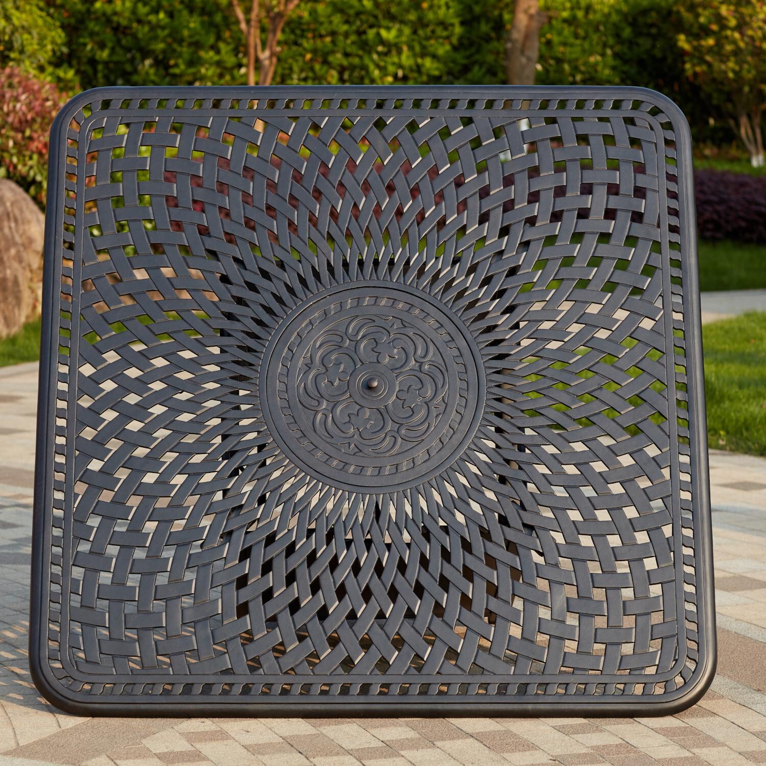 Darlee 501210-9PC-60GHW Victoria 9 Piece Resin Wicker Patio Counter Height Fire Pit Bar Set W/ 64 Inch Square Table - Fire Pit Table Top thumbnail