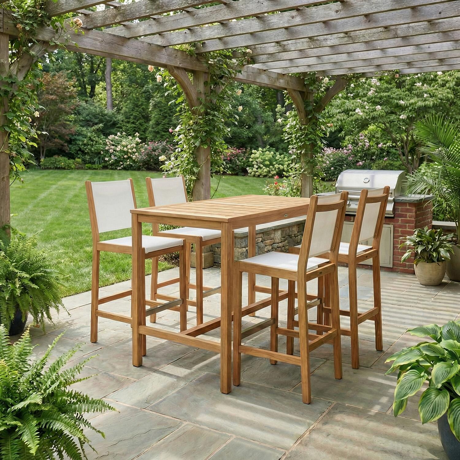 Royal Teak Collection BARWS Legacy Teak Sling Bar Stool in White - Shown as Set - Lifestyle thumbnail