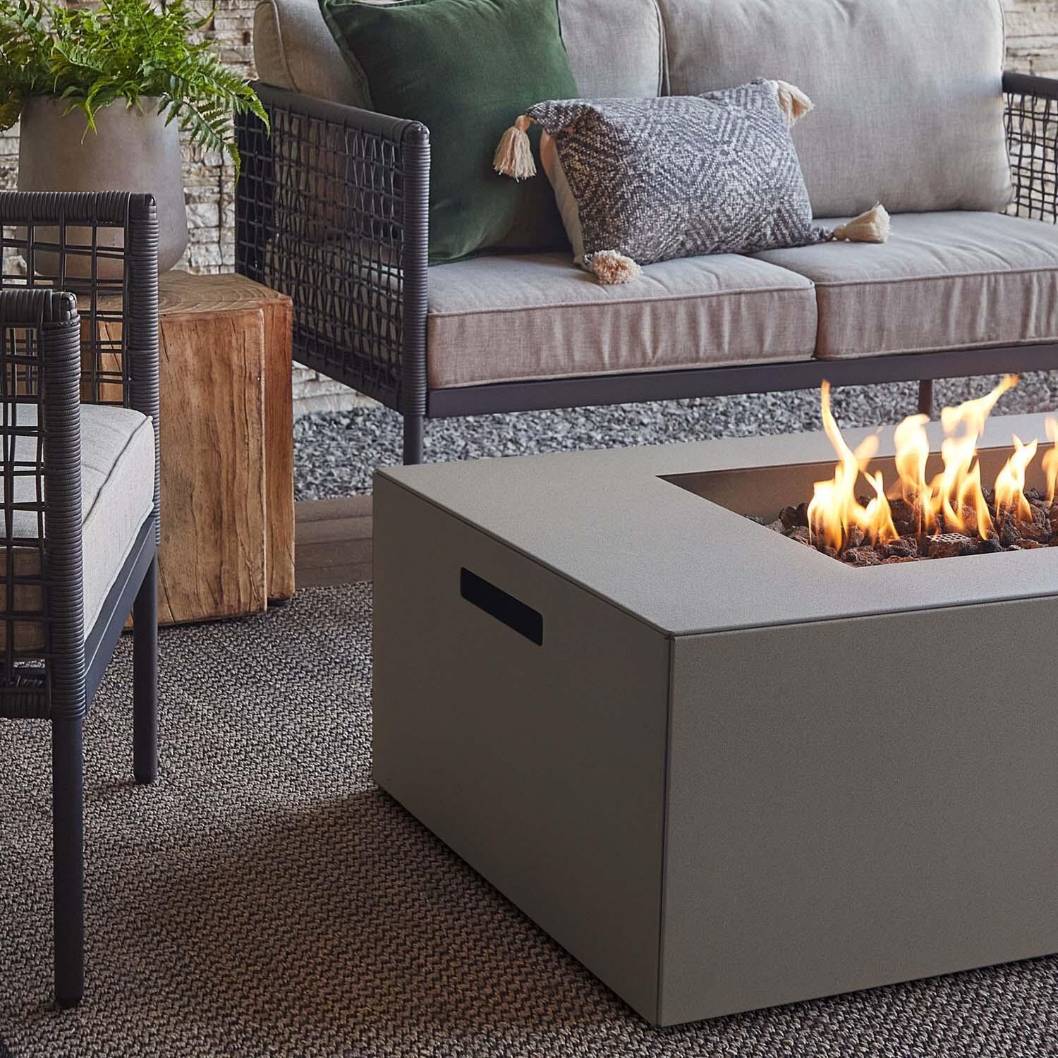 Covewood 58 Inch Rectangular Aluminum Propane Fire Pit Table w/ Hidden Propane Tank in Cloud Gray by BBQGuys Signature - Side View - Detail thumbnail