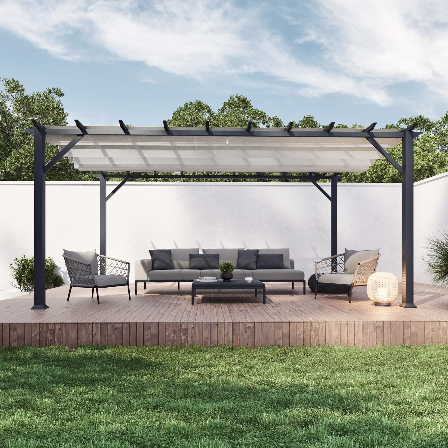 Paragon Outdoor PR16GRYW Florence 11' x 16' Gray Pergola w/ White Canopy - Side - Lifestyle thumbnail