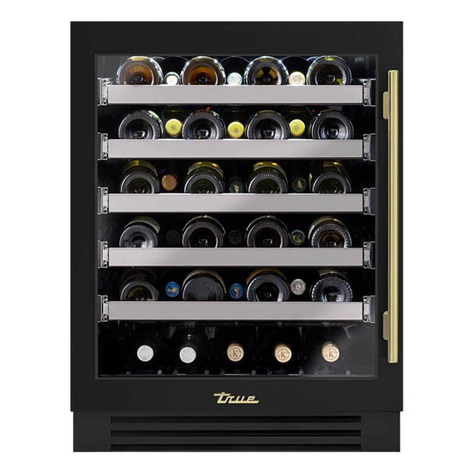 True  TUWADA-24-LG-A~027-H01 ADA Height 24 Inch 40 Bottle Left Hinge Glass Door Outdoor Wine Cabinet - Matte Black w/ Brass Handle - White Background thumbnail