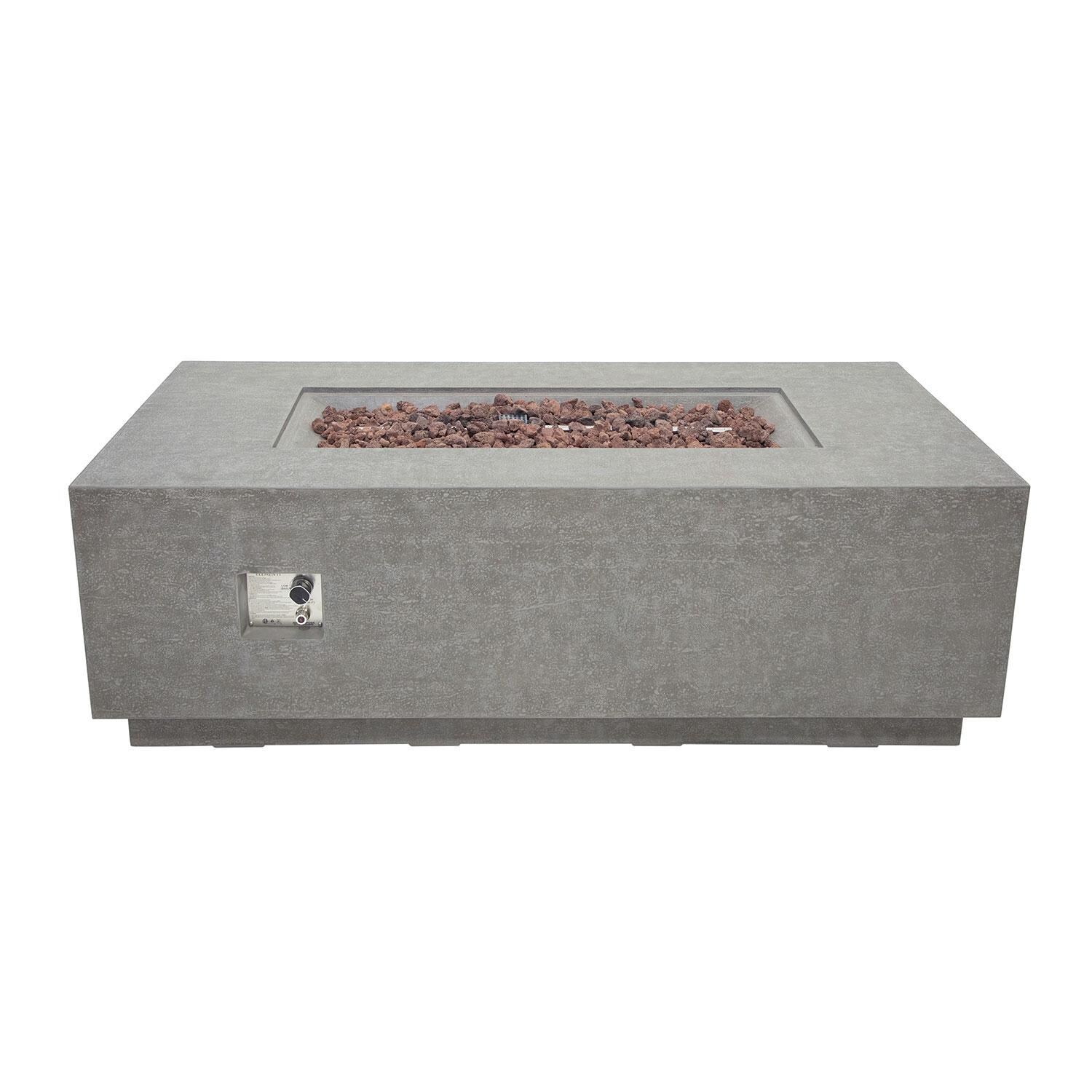 Andes 66 Inch Hidden Tank Rectangle GFRC Concrete Propane Fire Table in Light Gray By Elementi - Fire Pit Off W/ Lava Rocks Insert - White Background thumbnail