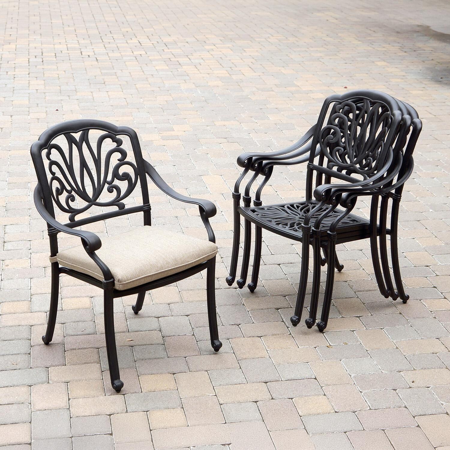 Darlee Elisabeth 10 Pc Cast Aluminum Dining Set w/ 64 Inch Table & 4 Swivel Rockers in Antique Bronze/Beige Canvas - Chairs Stacked - Lifestyle thumbnail