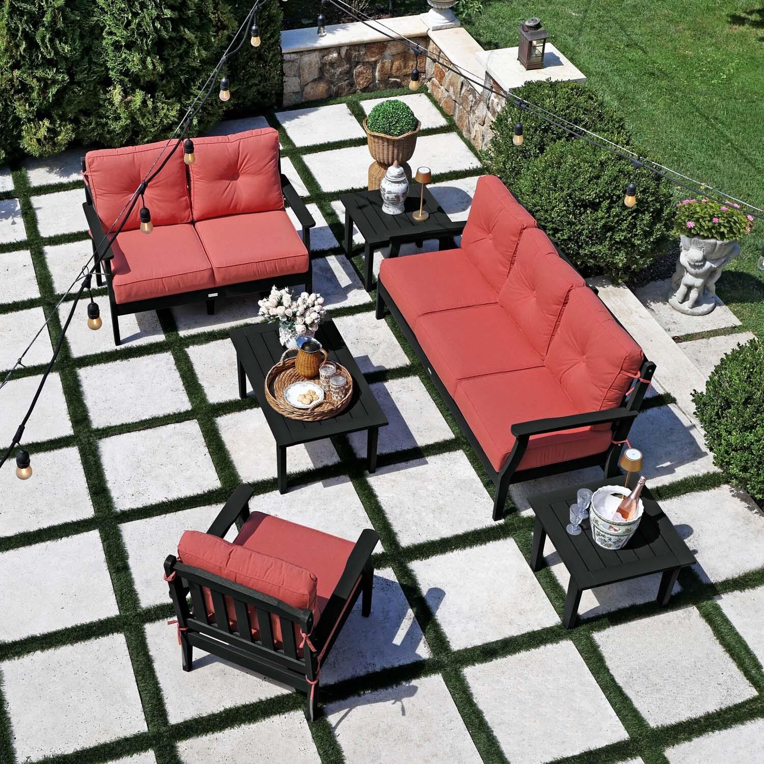 Blushing Bay 6 Pc Recycled Plastic Grand Seating Set in Canvas Persimmon/Black by Lakeview Outdoor Designs - Top View - Lifestyle thumbnail