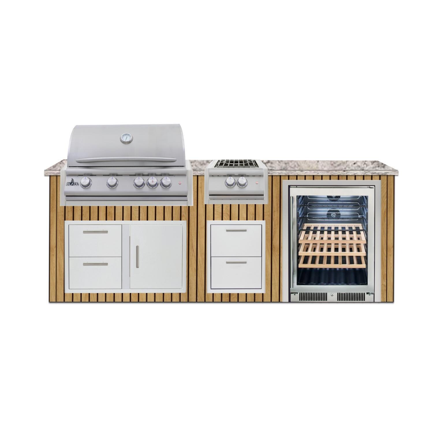 BBQGuys Signature 8 Ft Outdoor Kitchen Island w/ 32-in Blaze LTE+ Natural Gas Grill & Power Burner & 24-in Beverage Center | Sun Bleached Oak w/ White Valley Granite