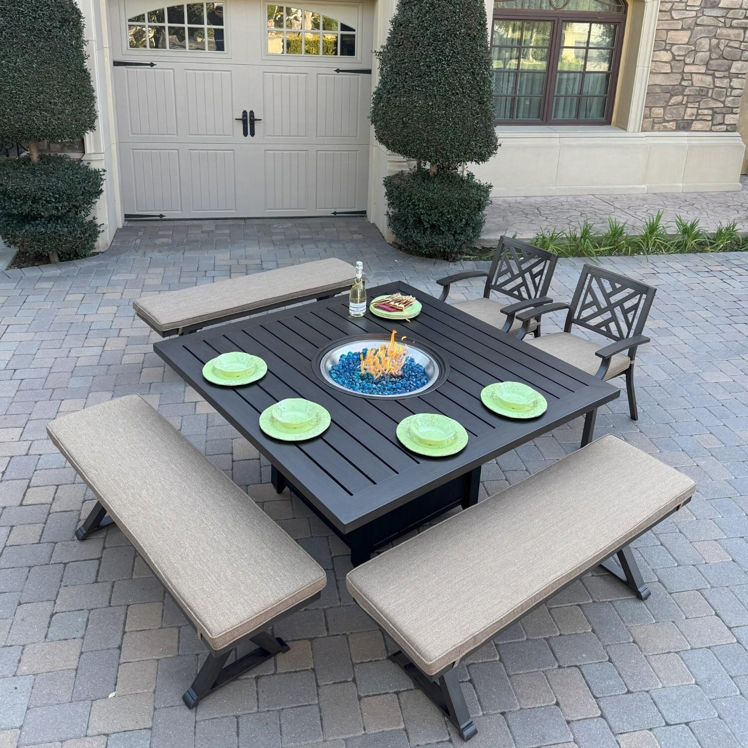 Brooklyn 6 Pc 60 Inch Aluminum Fire Pit Dining Set in Multi Brown by Darlee