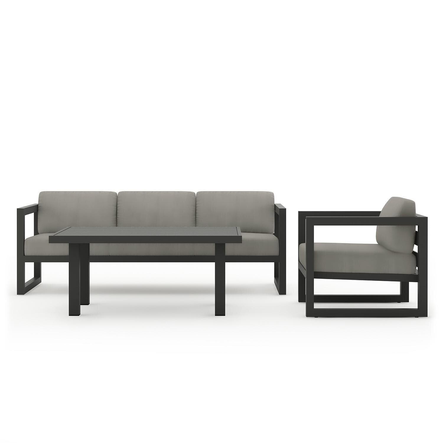 Misty Cove 3 Piece Seating Set in Slate w/Chat Table & Canvas Charcoal Cushions by Lakeview - Complete Set - White Background thumbnail