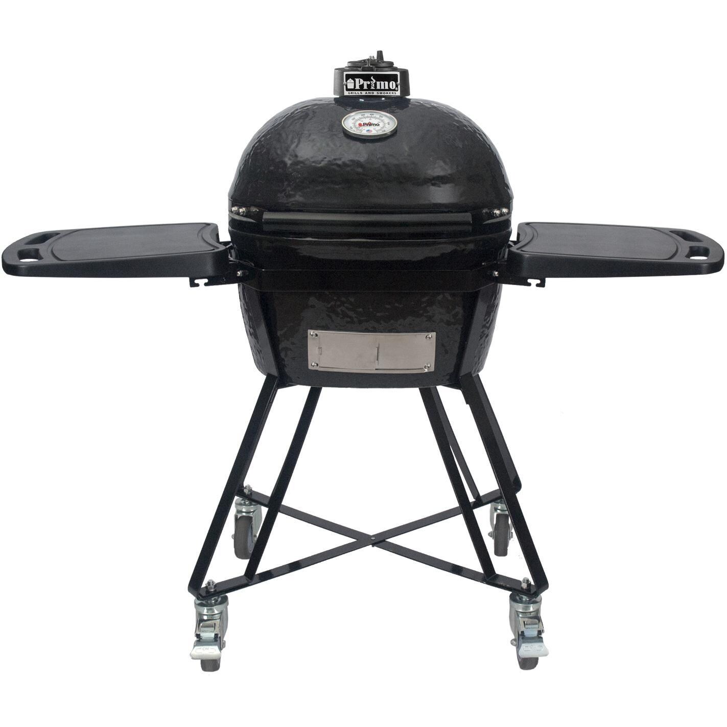 Primo All-In-One Oval Junior 200 Ceramic Kamado Grill With Cradle, Side Shelves And Stainless Steel Grates - 7400