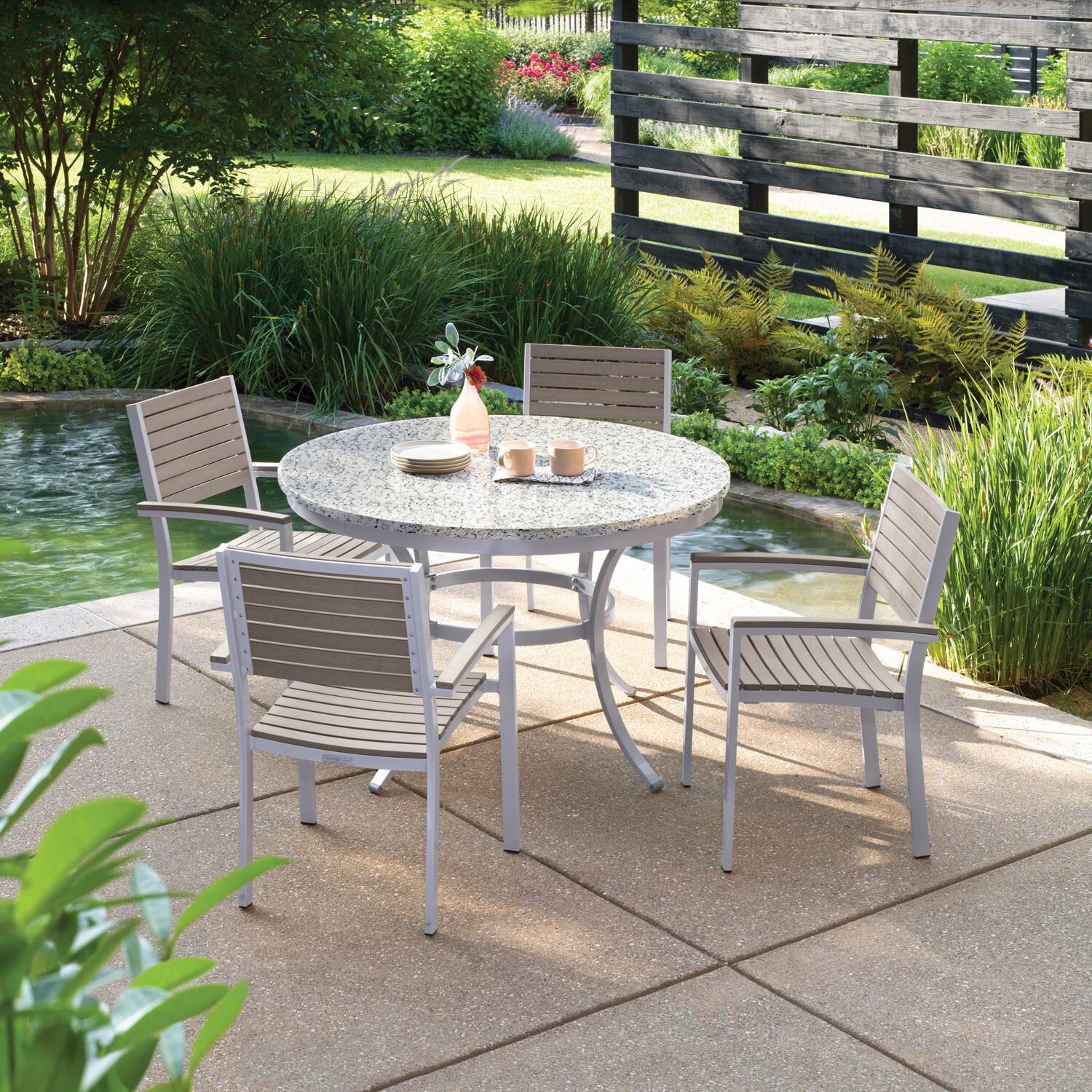 Oxford Garden Travira 4 Pc Aluminum Dining Chair W/ Vintage Tekwood Slats and Arm Caps in Flint - Garden thumbnail