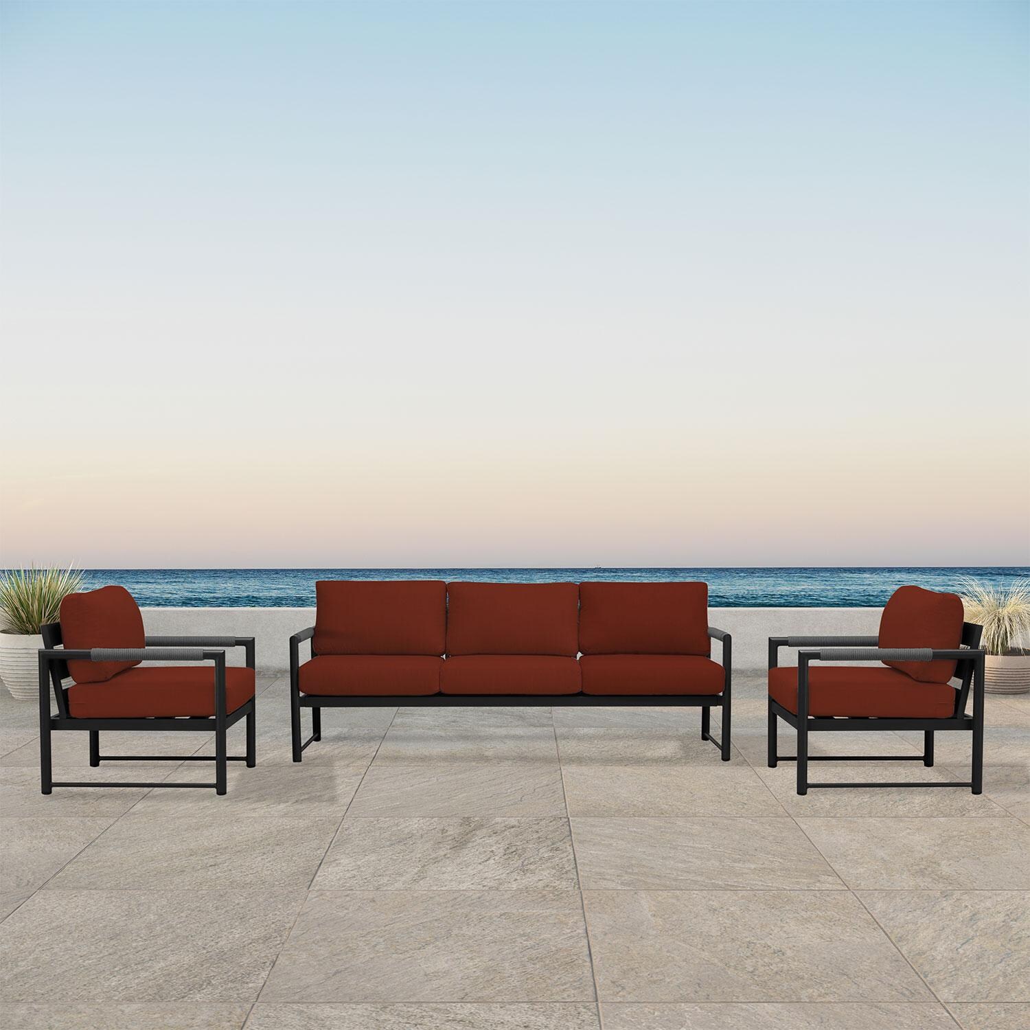 Lakeview AVEBAY-BK-CO-SET141-HN Avenue Bay Black/Carbon 3 Pc Sofa Club Chair Set - Canvas Henna - On Patio - Lifestyle thumbnail