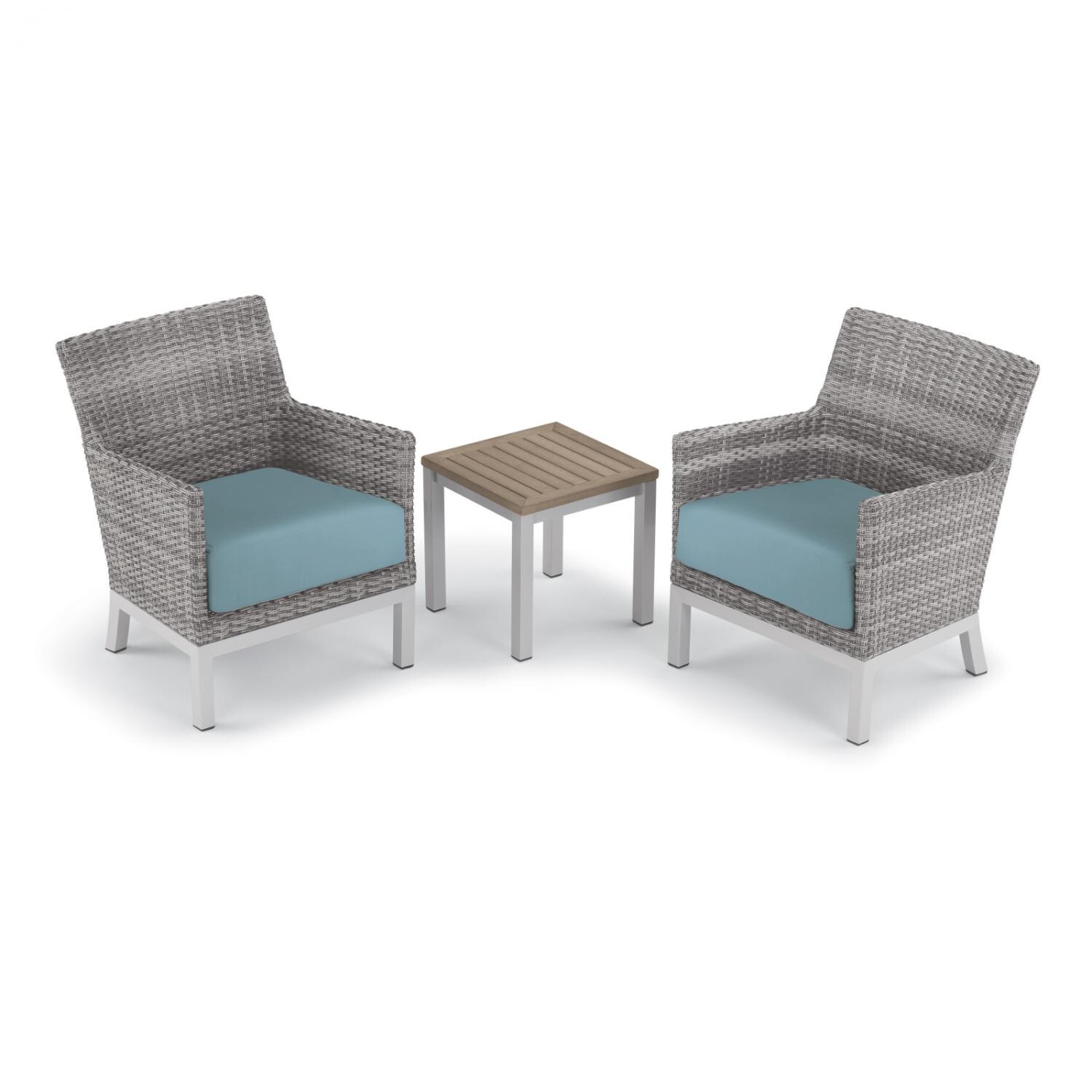 Argento 3 Piece Wicker Patio Conversation Set W/ Tekwood Vintage End Table & Ice Blue Cushions By Oxford Garden thumbnail