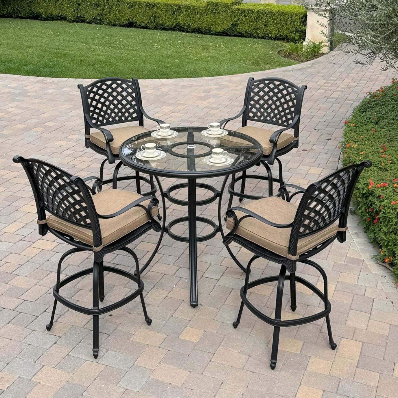 Nassau 5 Pc Cast Aluminum Bar Set in Antique Bronze w/ Sesame Cushions By Darlee