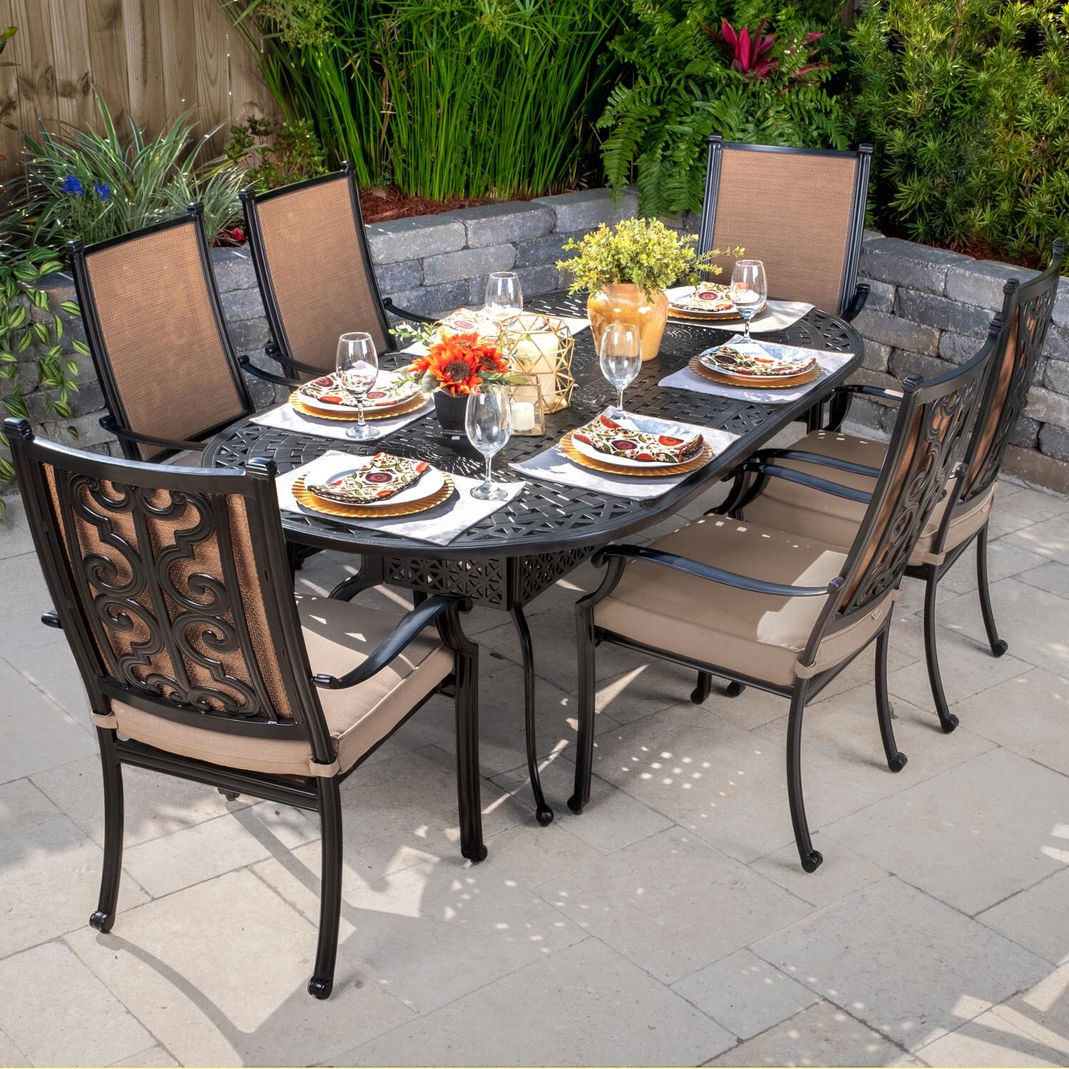 Bocage 7 Piece Cast Aluminum Sling Patio Dining Set W/ 84 X 42 Inch Oval Table & Sunbrella Heather Beige Cushions thumbnail