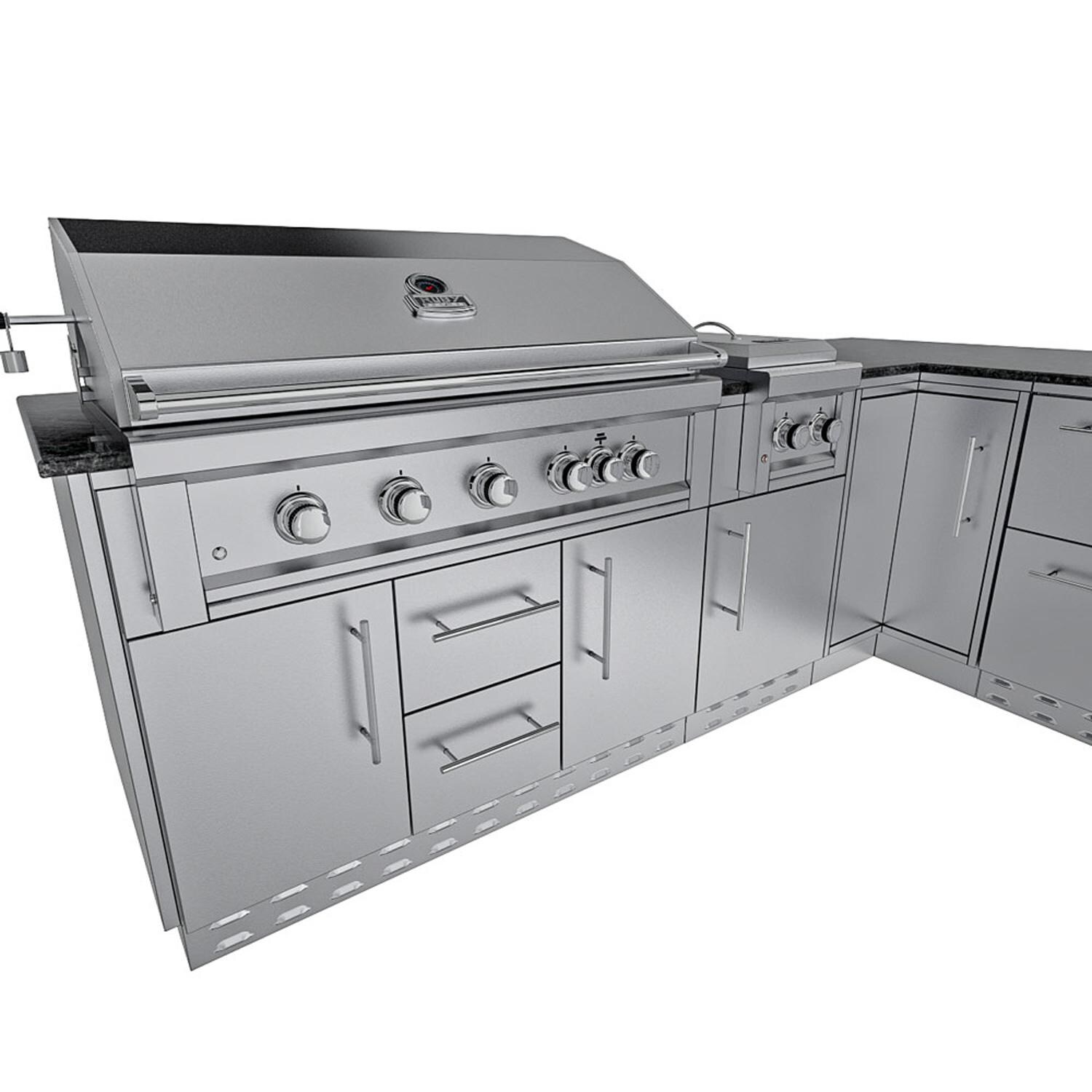 Sunstone Grills SCPRANCHER8.10BY11-LP Rancher 11 Ft Outdoor Kitchen Island w/ Propane Grill & Side Burner, Sink, Refrigerator, Trash Bin, Door & Drawer - Grill Up Close - White Background thumbnail
