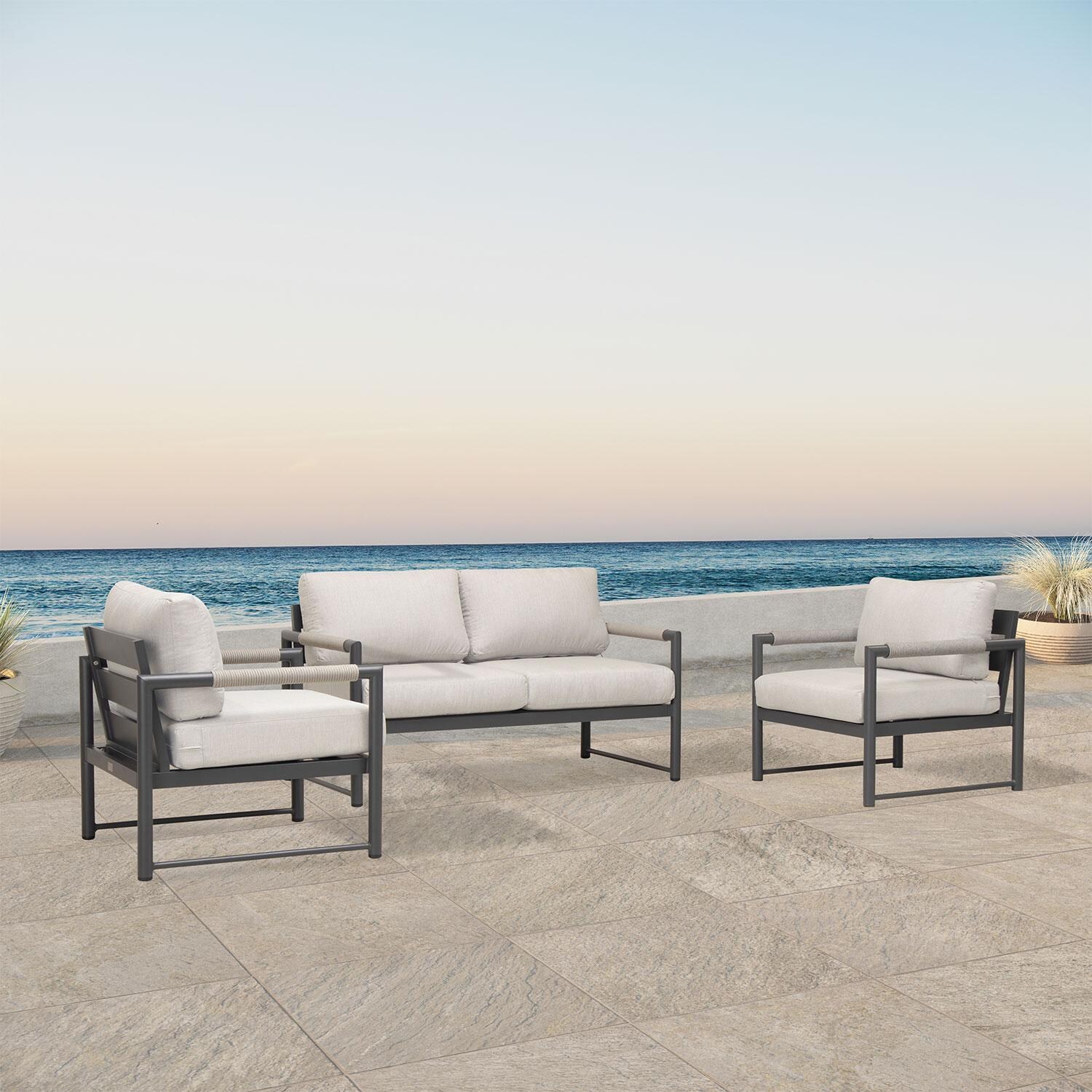 Lakeview AVEBAY-SL-PG-SET120-CS Avenue Bay Slate/Pebble Gray 3 Pc Loveseat Set - Cast Silver - Angled On Patio - Lifestyle thumbnail