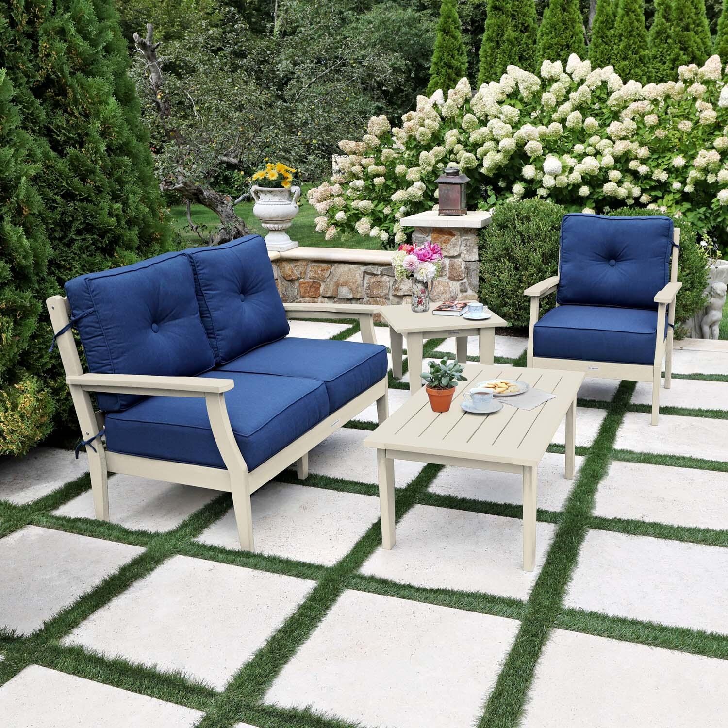 Blushing Bay 4 Pc Recycled Plastic Seating Set in Spectrum Indigo/Whitewash by Lakeview Outdoor Designs - Side View - Lifestyle thumbnail