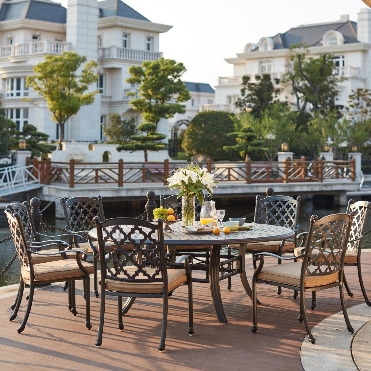 Darlee 201650-9PC-99LD Madison 9 Piece Cast Aluminum Patio Dining Set W/ 71 Inch Round Table thumbnail