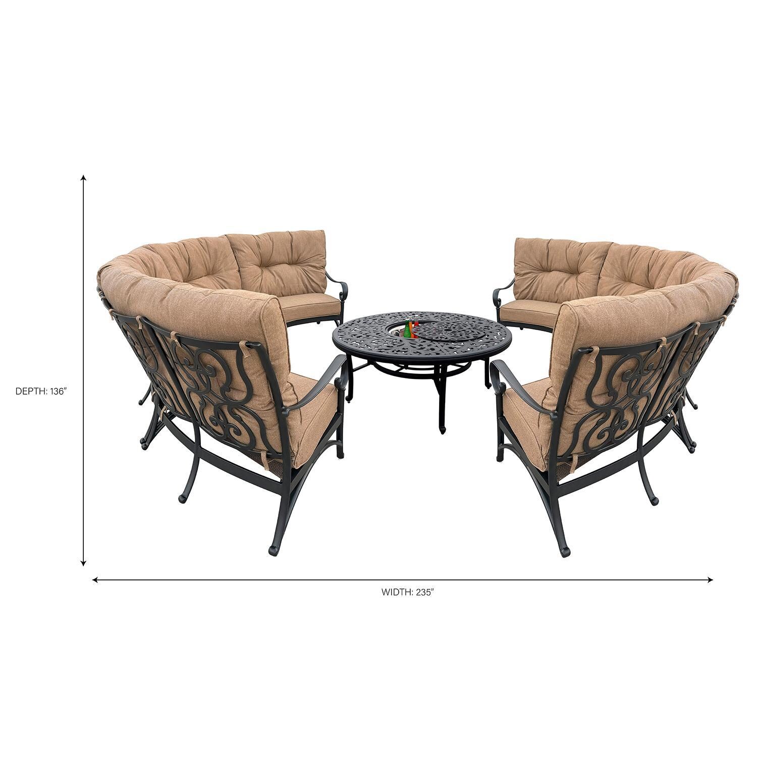 Santa Anita 9 Pc Cast Aluminum Seating Set in Antique Bronze/Heather Beige by Darlee - Full Set - Dimensional thumbnail