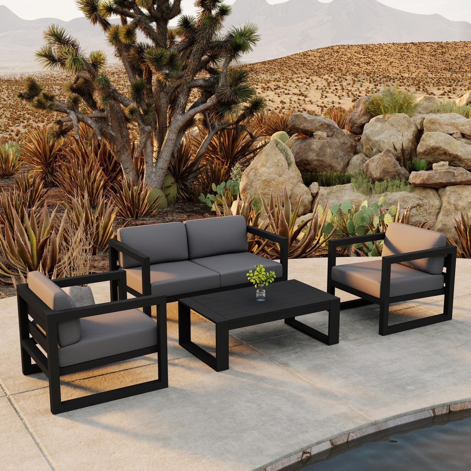 Lakeview MSTYMAS-BK-4SS-CC Misty Cove 4 Pc Aluminum Seating Set in Black w/Loveseat & Canvas Charcoal Cushions by Lakeview Outdoor Designs - By the Pool - Lifestyle thumbnail