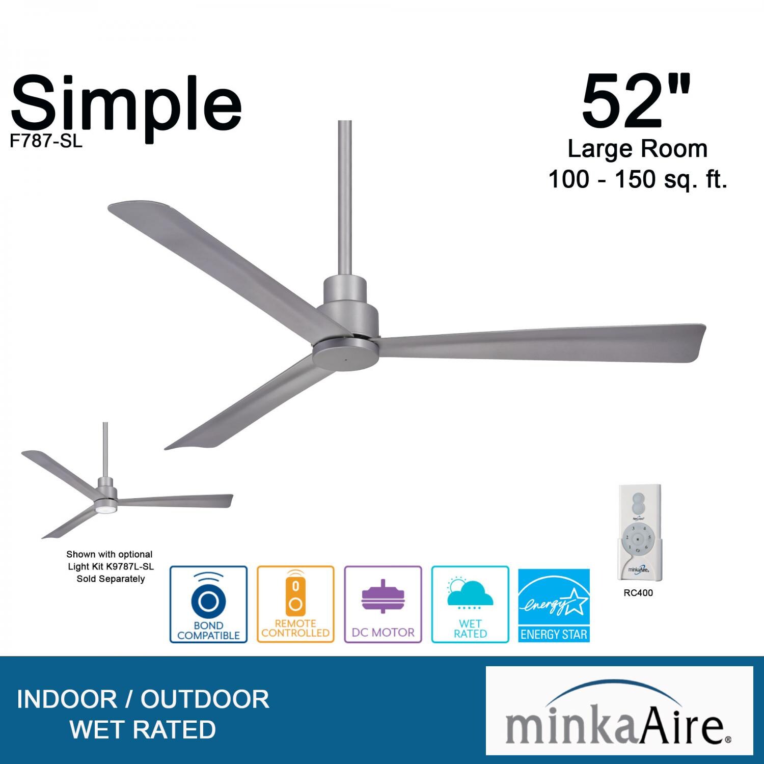 Minka-Aire F787-SL Simple 52-Inch 3-Blade Ceiling Fan in Silver Finish w/ Silver Blades - Overview thumbnail