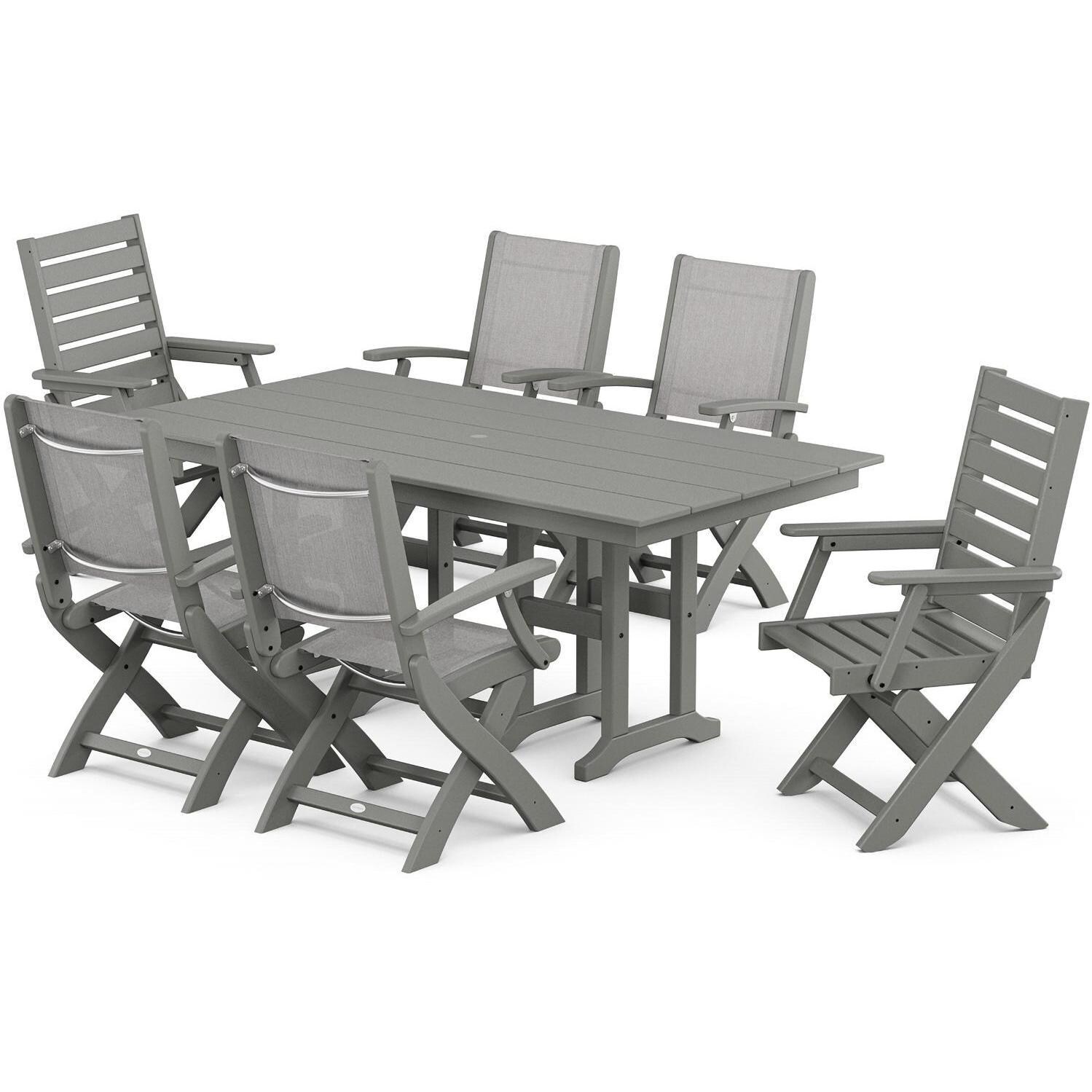 POLYWOOD x BBQGuys Creekside 7 Pc Recycled Plastic Dining Set w/ Parchment Sling in Gray