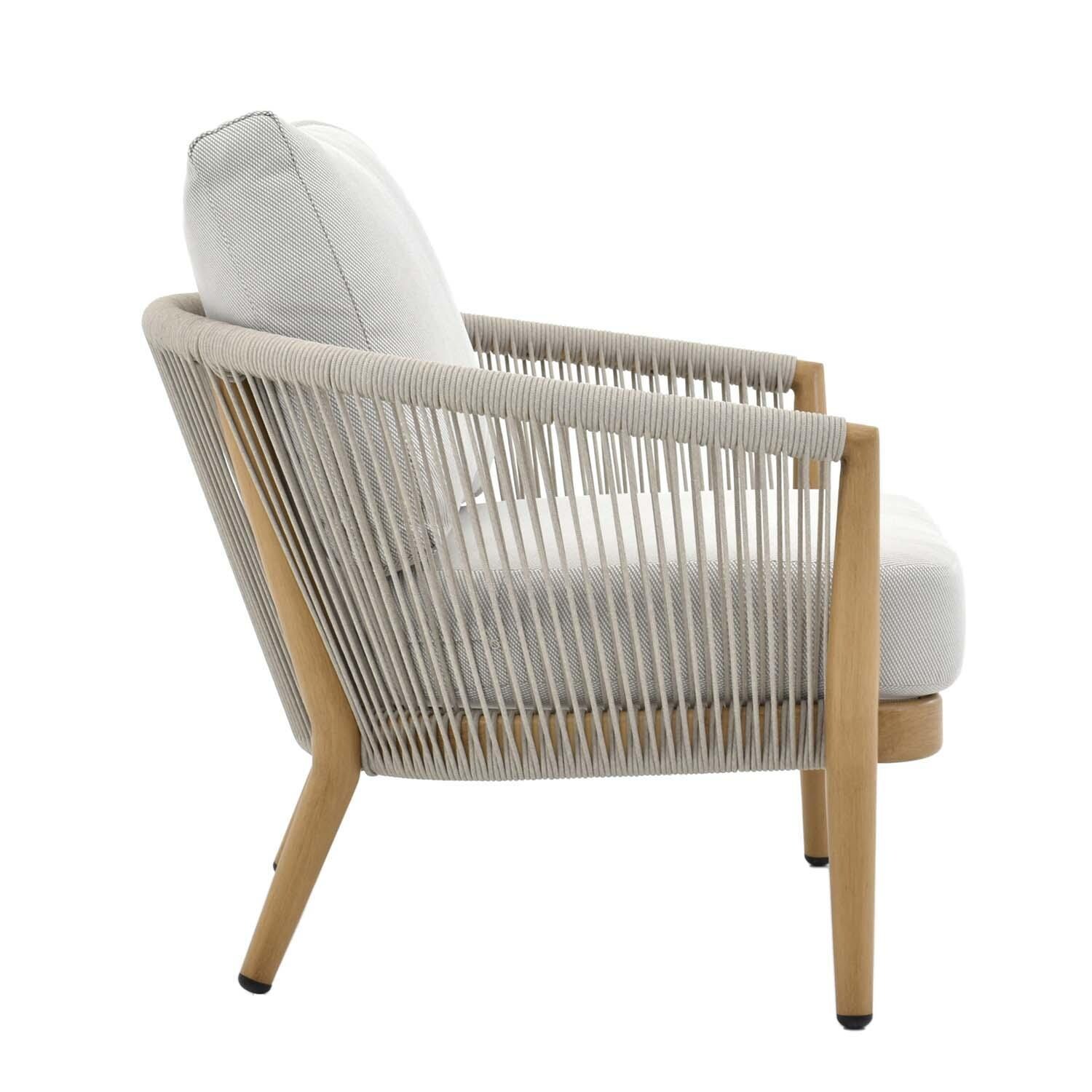 Turin 4 Pc Aluminum Seating Set W/ Beige Cushions in Wood By Lakeview Outdoor Designs - Char Side View - White Background thumbnail