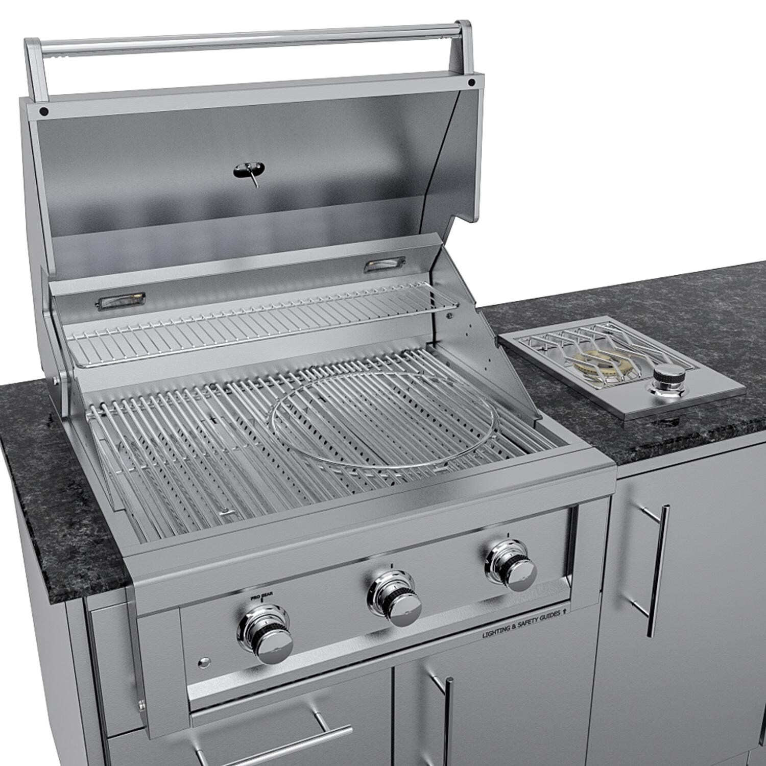 Sunstone Grills SCPBRAZOS9-LP Brazos 9 Ft Outdoor Kitchen Island w/ Propane Grill & Side Burner, Sink, Door & Drawer - Grill Open - Detail thumbnail