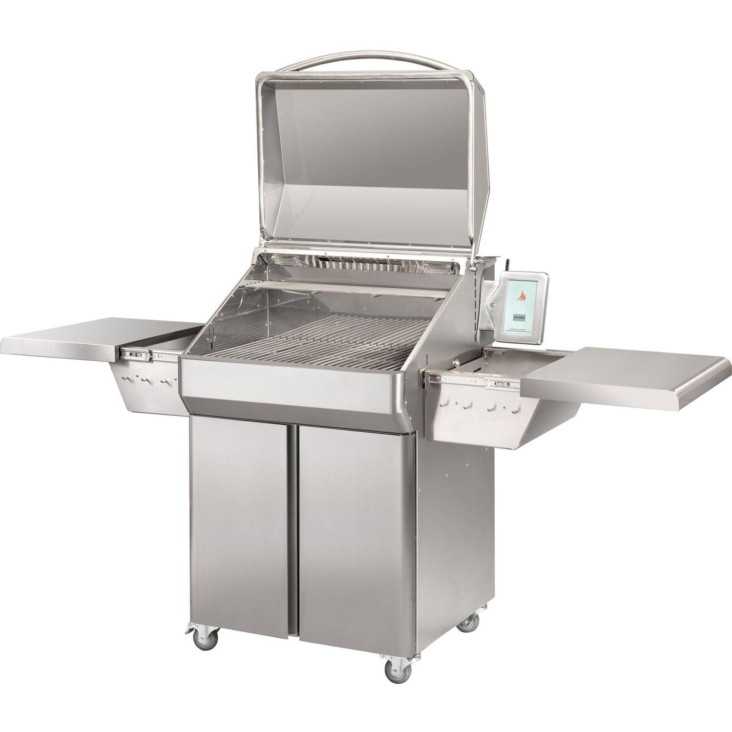 Memphis Grills VG0001S Pro ITC3 28-Inch Steel Pellet Grill - Angled View With Hood And Side Shelves Open thumbnail